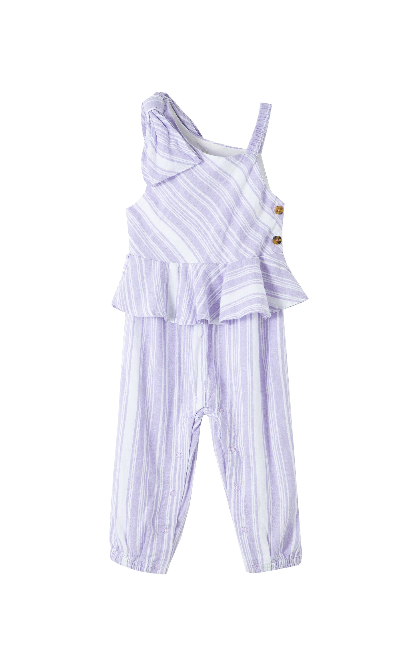 Front view of lilac jumpsuit with a ruffle on the waist