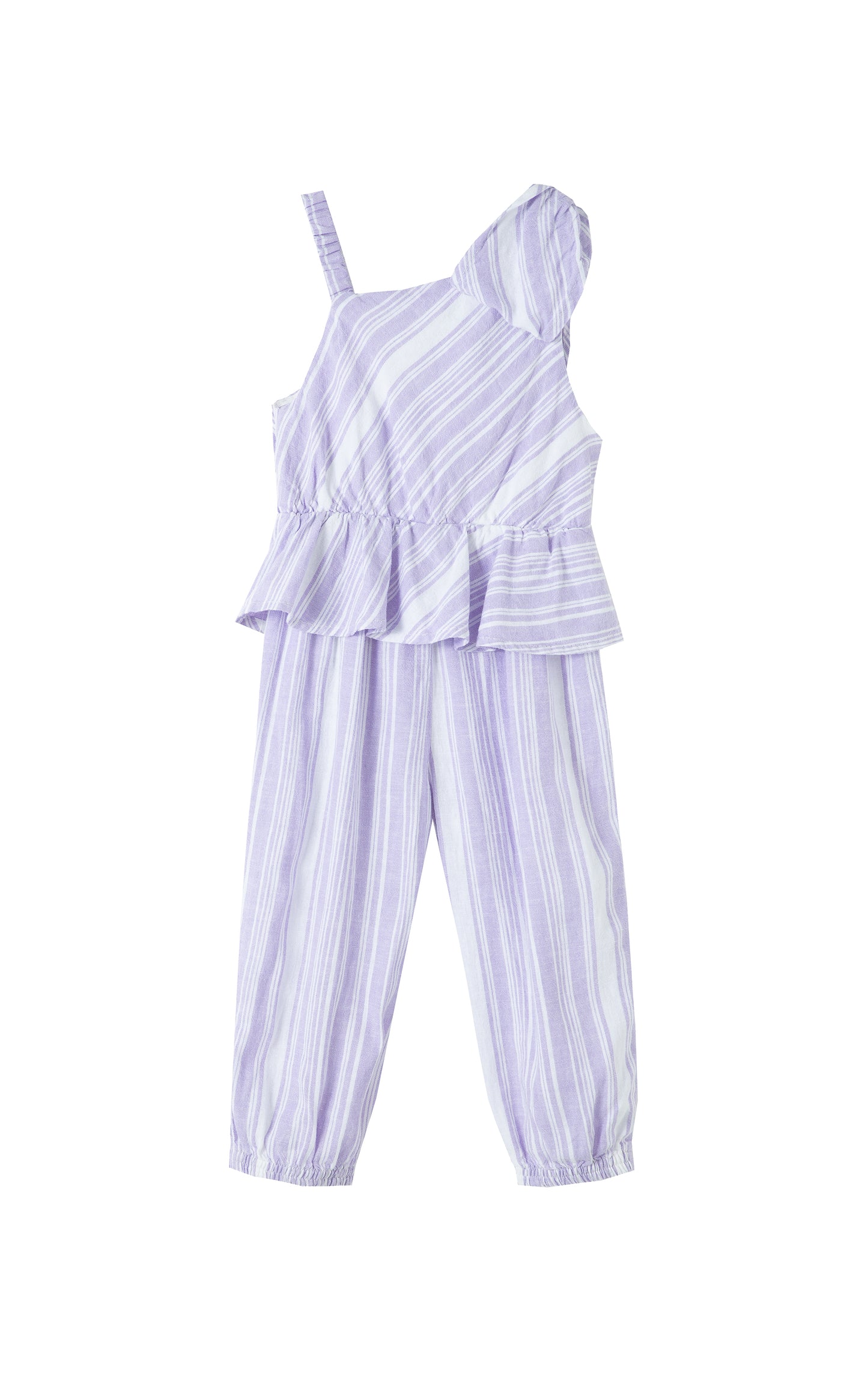 Back view of lilac jumpsuit with a ruffle on the waist
