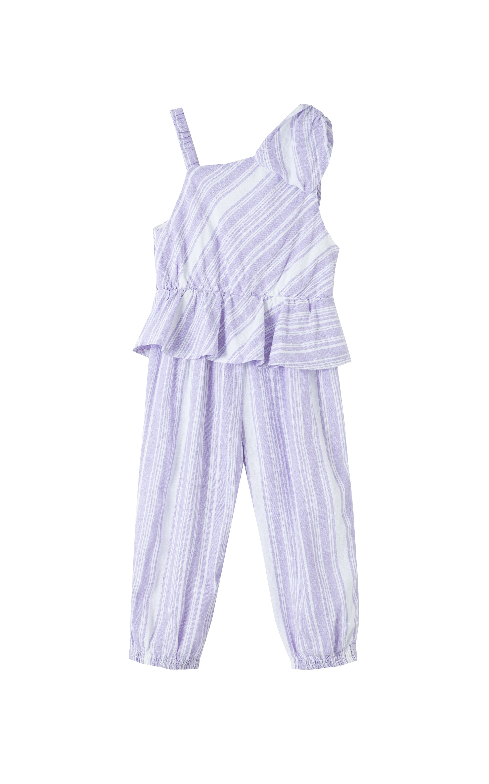 Back view of lilac jumpsuit with a ruffle on the waist