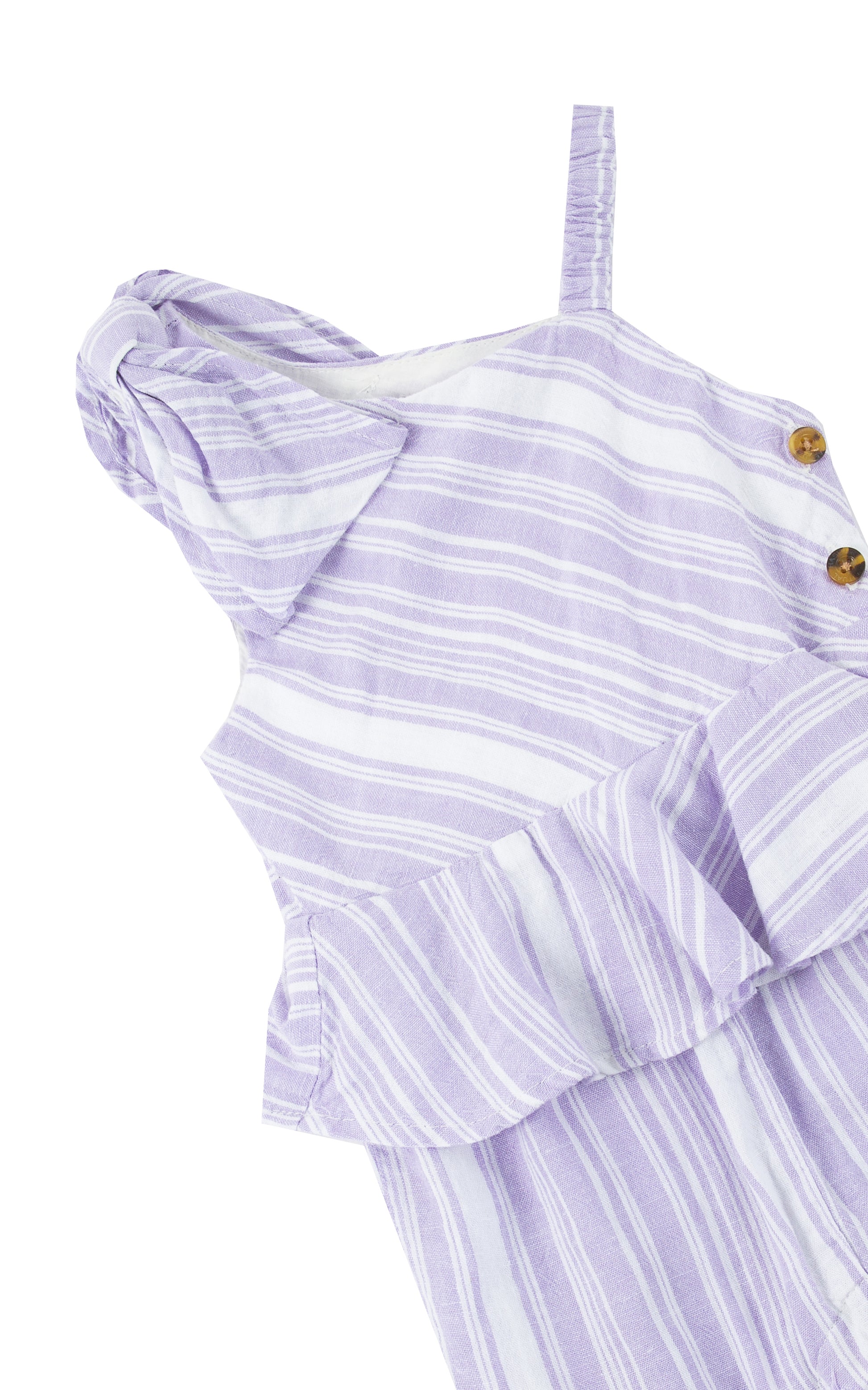 Close up view of lilac jumpsuit with a ruffle on the waist