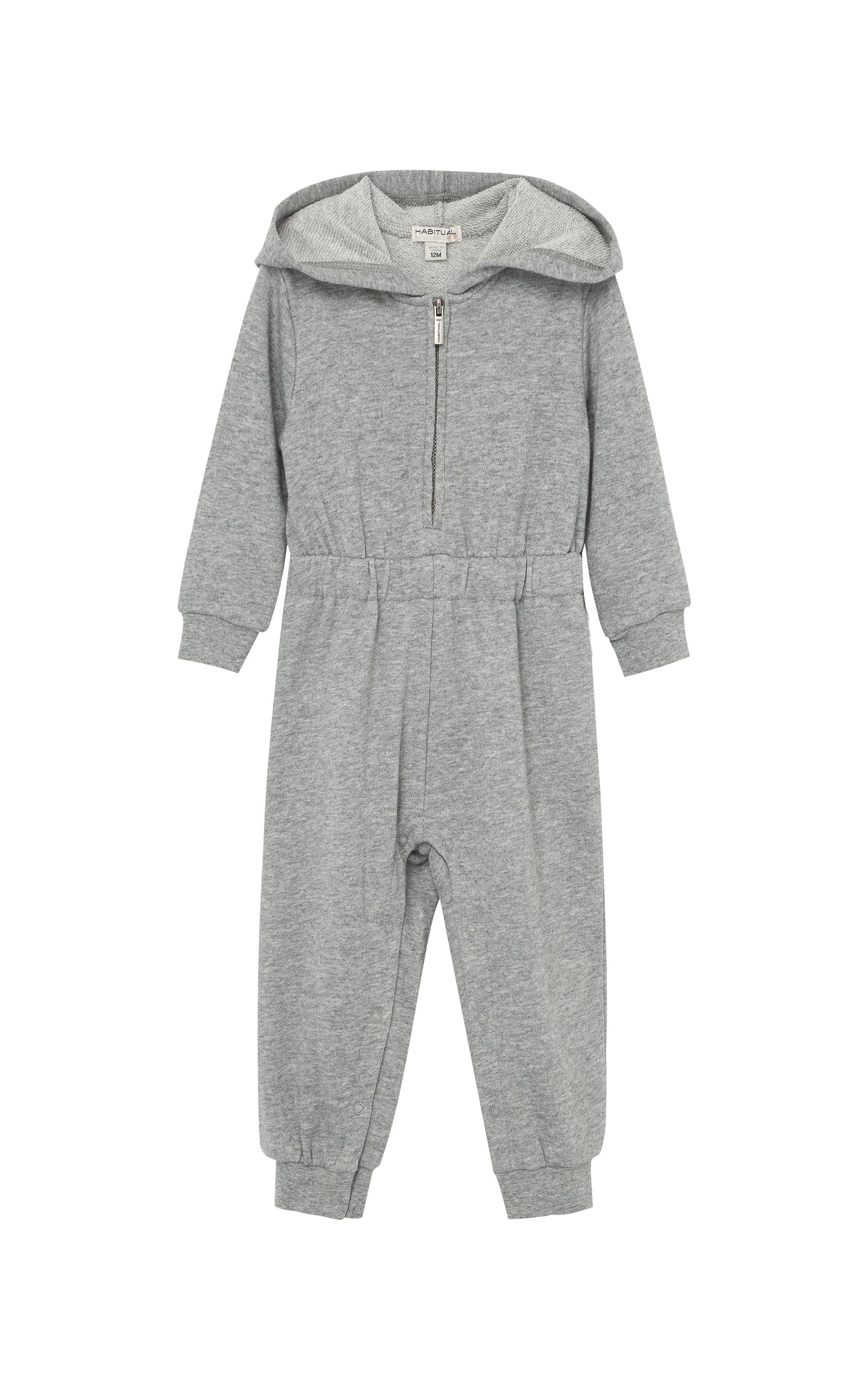 Front view of grey hooded jumpsuit 