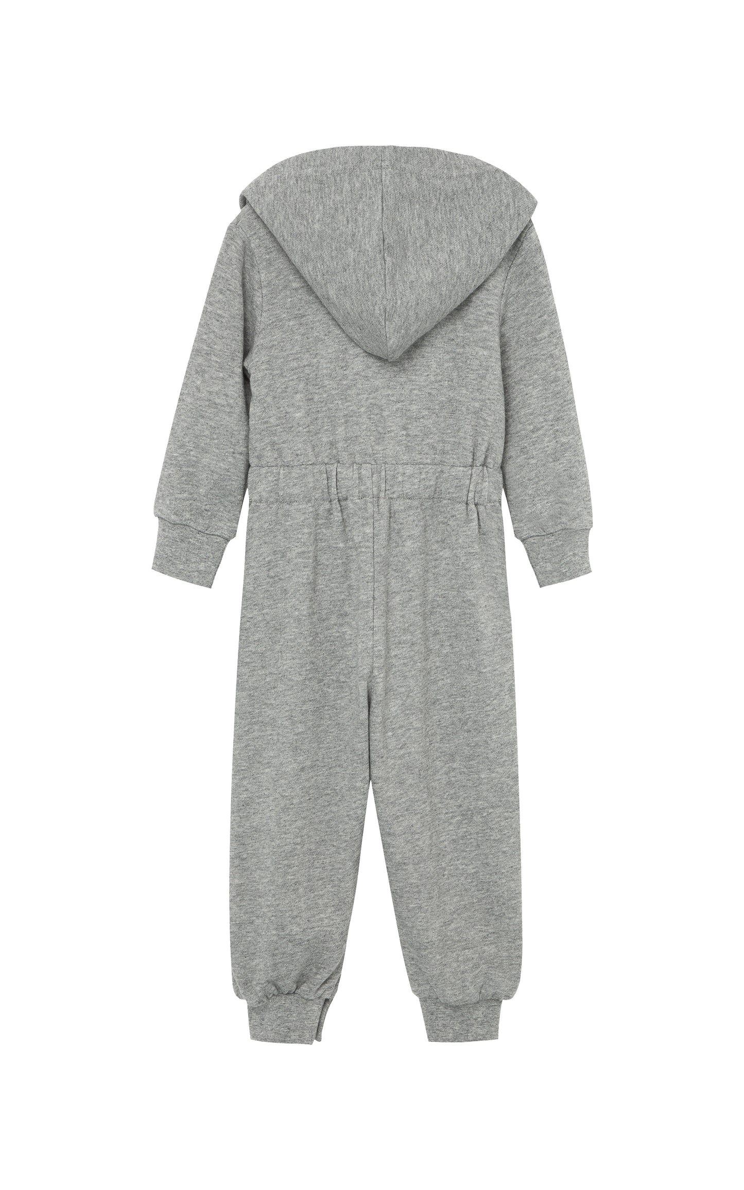 Back view of grey hooded jumpsuit 