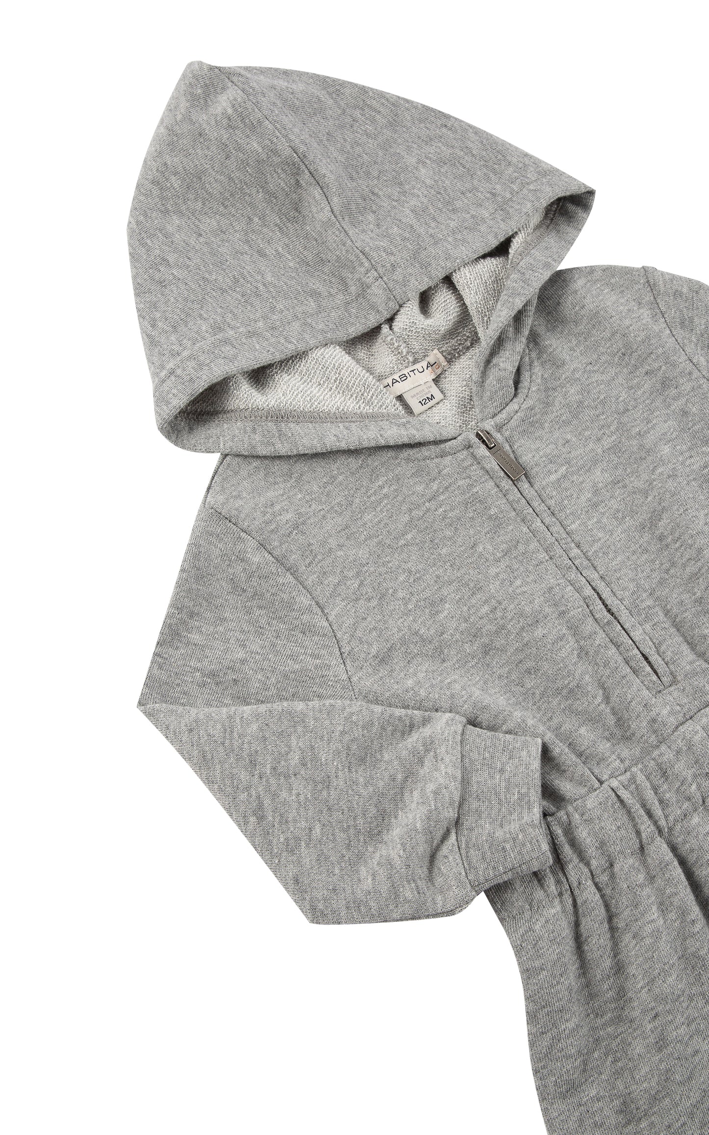 Close up view of grey hooded jumpsuit 