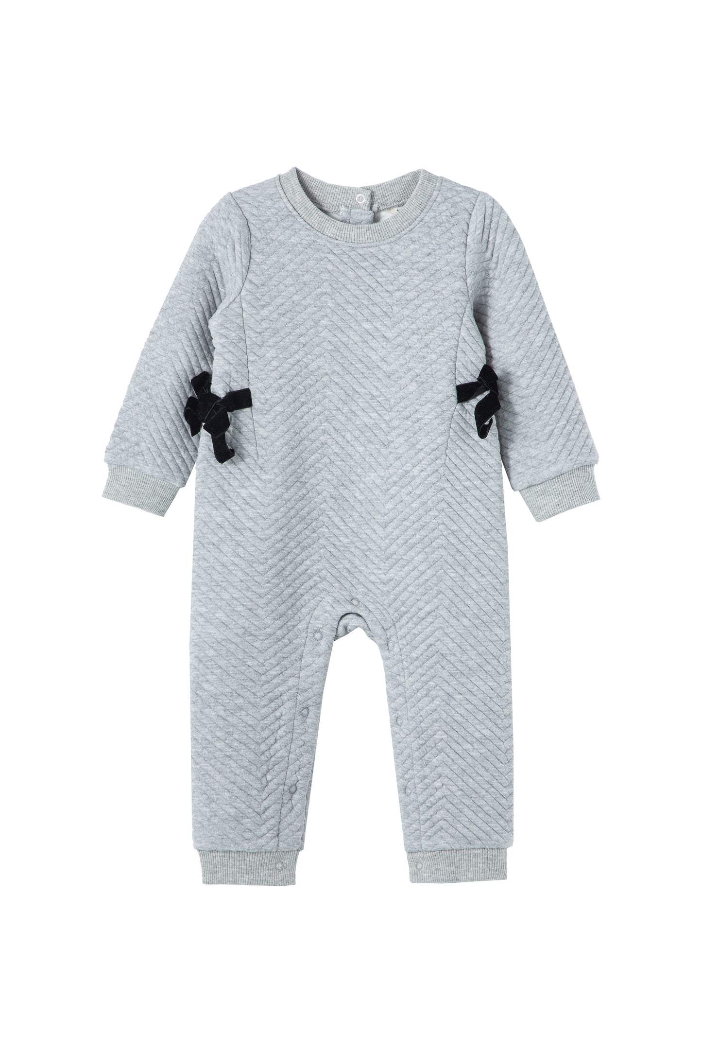 Front view of Grey quilted jumpsuit with black side bows 