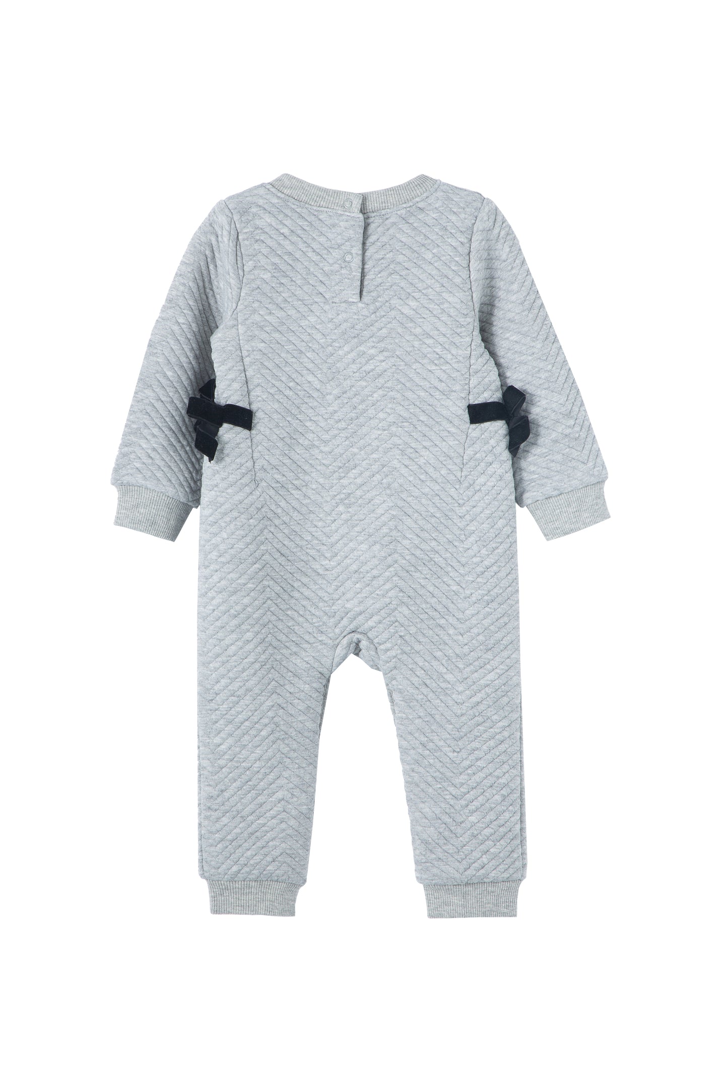 Back view of Grey quilted jumpsuit with black side bows 