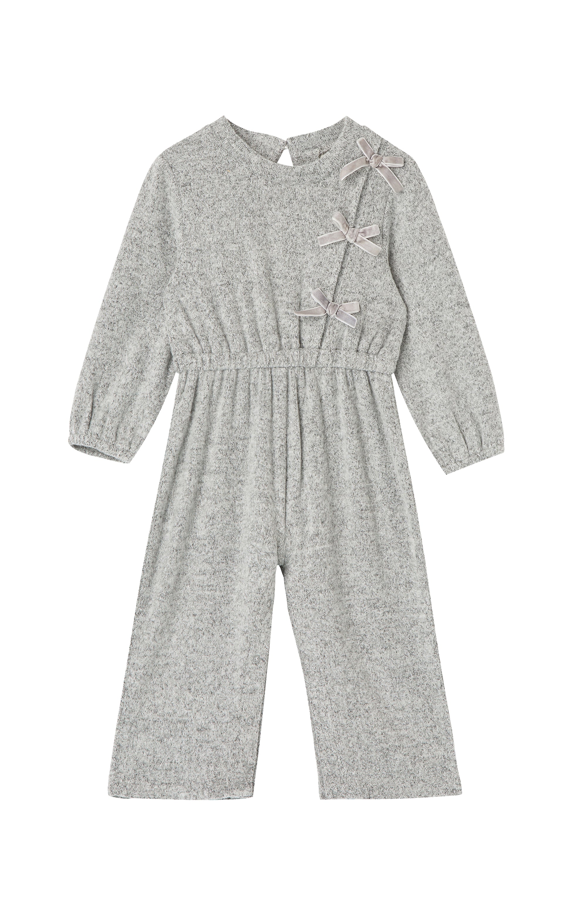 Front view of gray fabric jumpsuit 