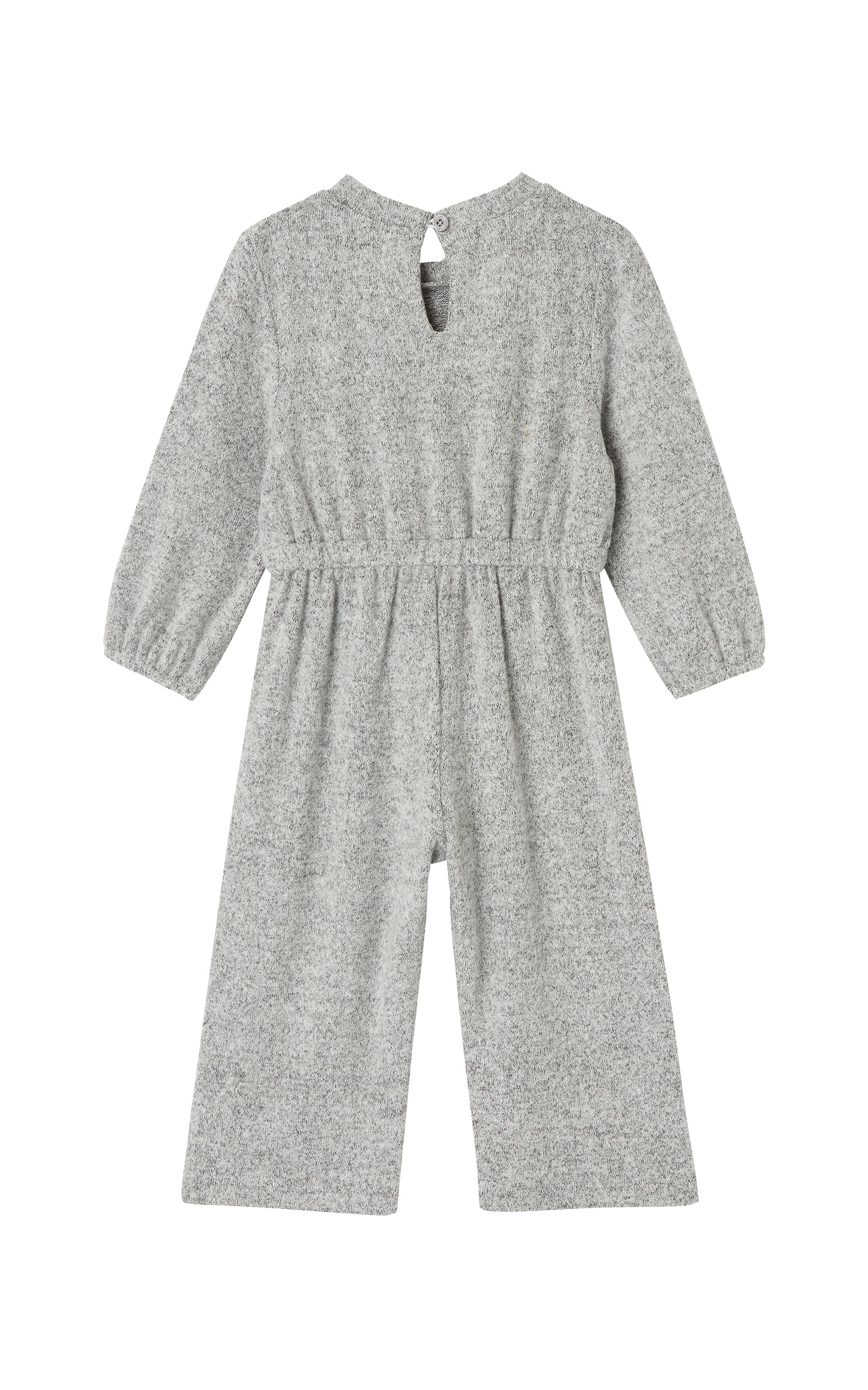 Back view of gray fabric jumpsuit 