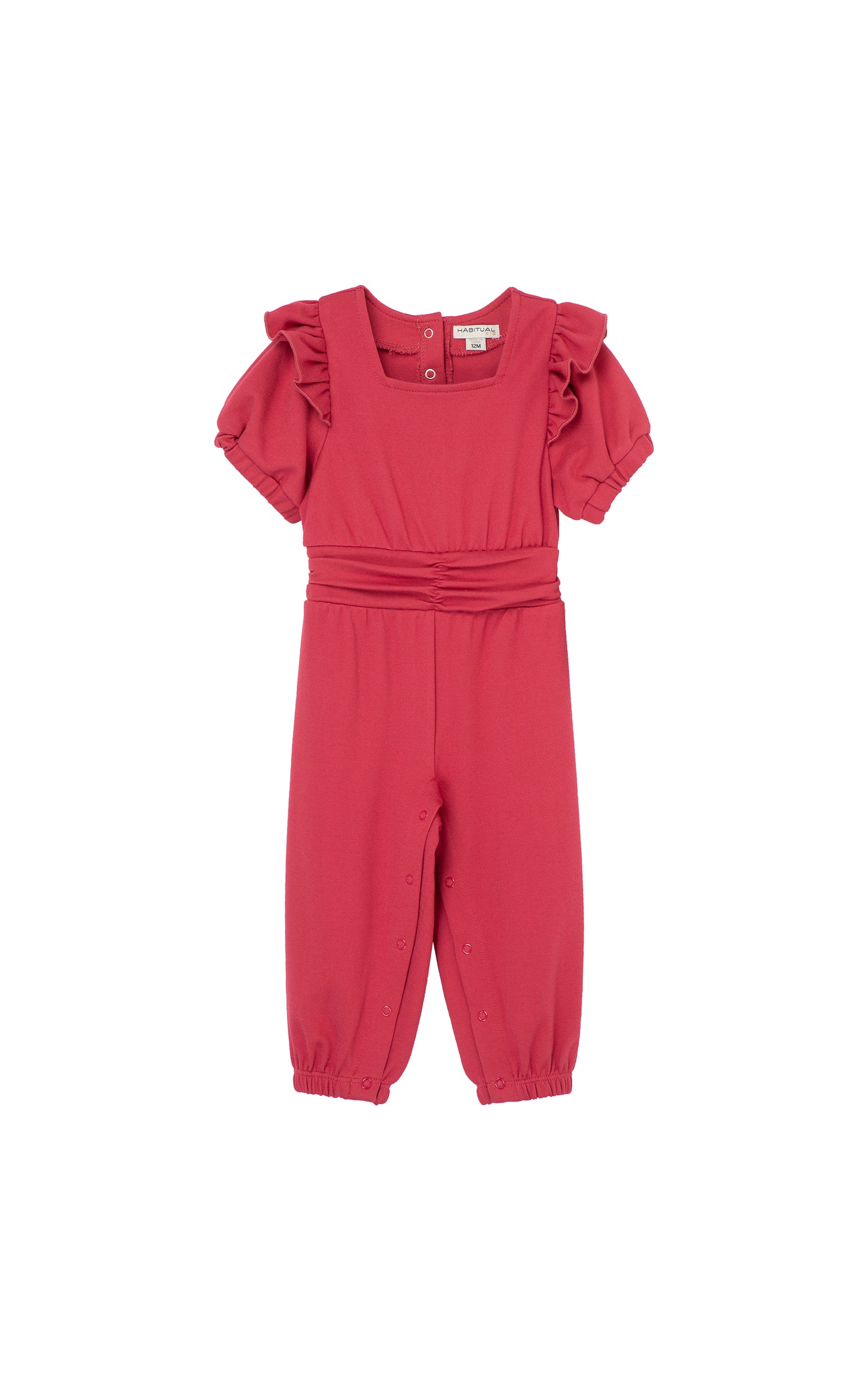 RED SQUARE NECK PONTE KNIT JUMPSUIT ONESIE  WITH GATHERING AT THE FRONT