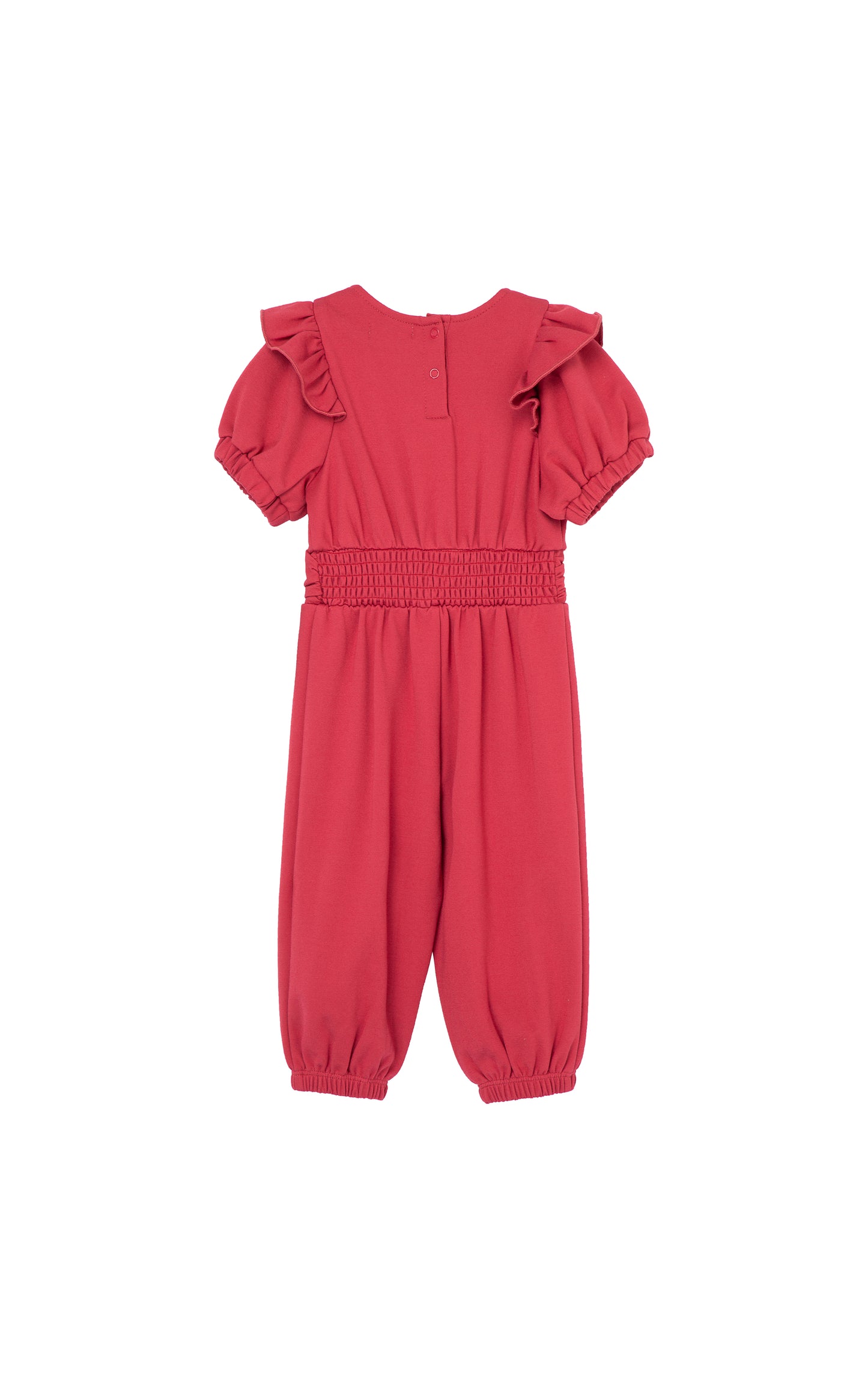 BACK OF RED SQUARE NECK PONTE KNIT JUMPSUIT ONESIE  WITH GATHERING AT THE FRONT