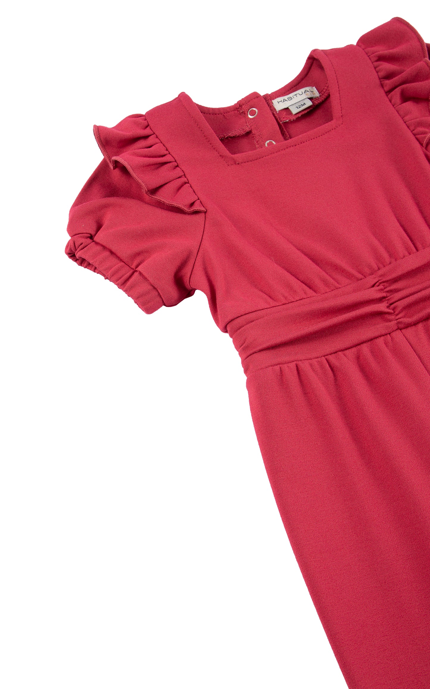 CLOSE UP OF RED SQUARE NECK PONTE KNIT JUMPSUIT ONESIE  WITH GATHERING AT THE FRONT
