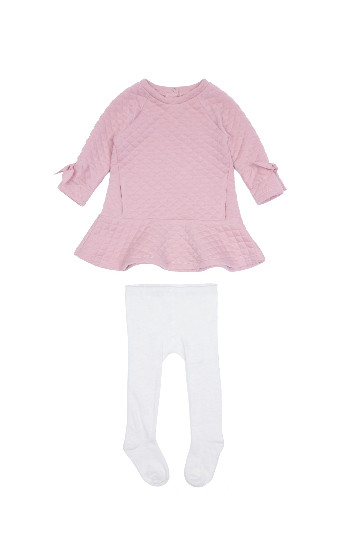 Long-sleeve pink dress with quilted texture and bows on sleeves with white tights.