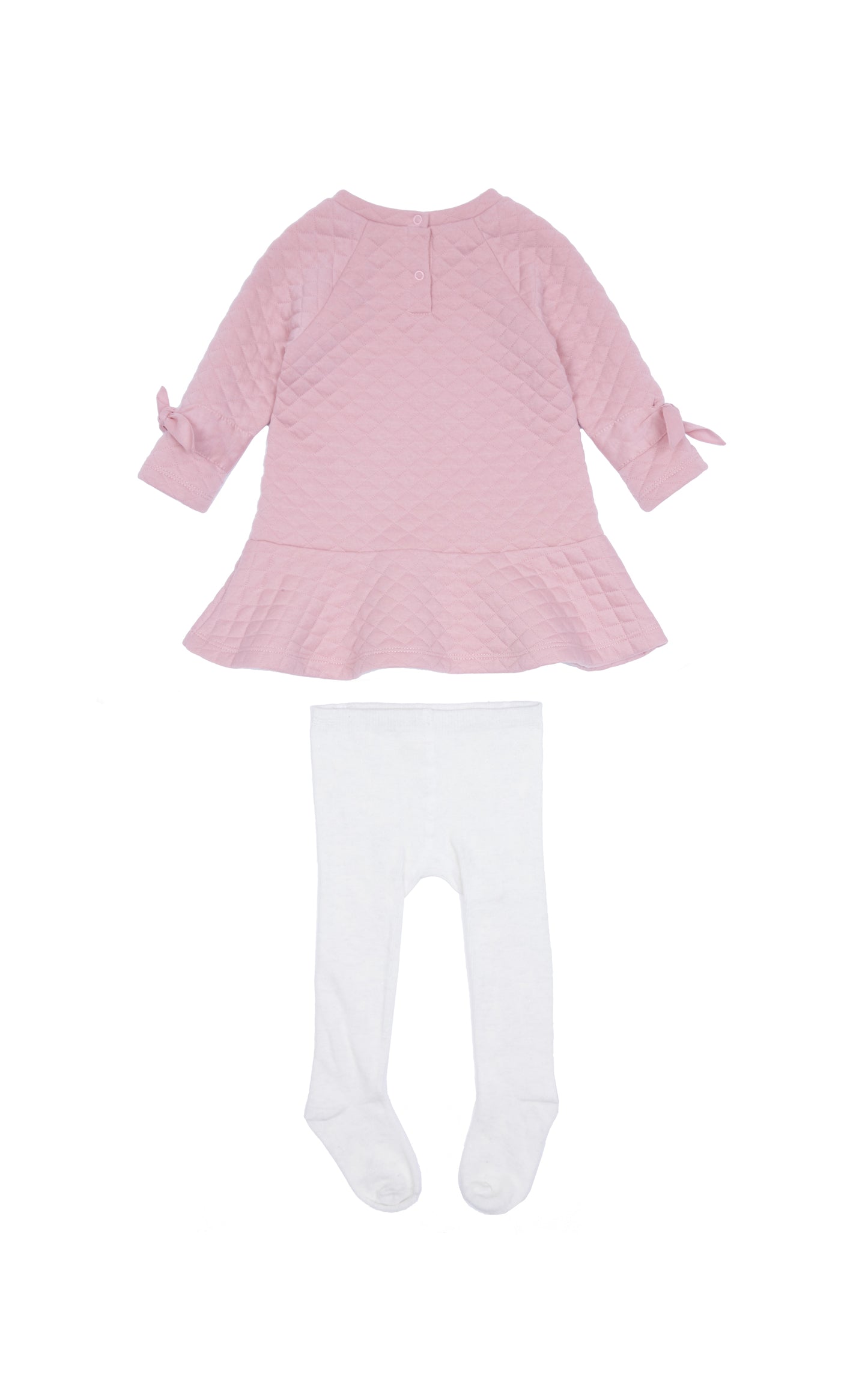 Back view of long-sleeve pink dress with quilted texture and bows on sleeves with white tights.