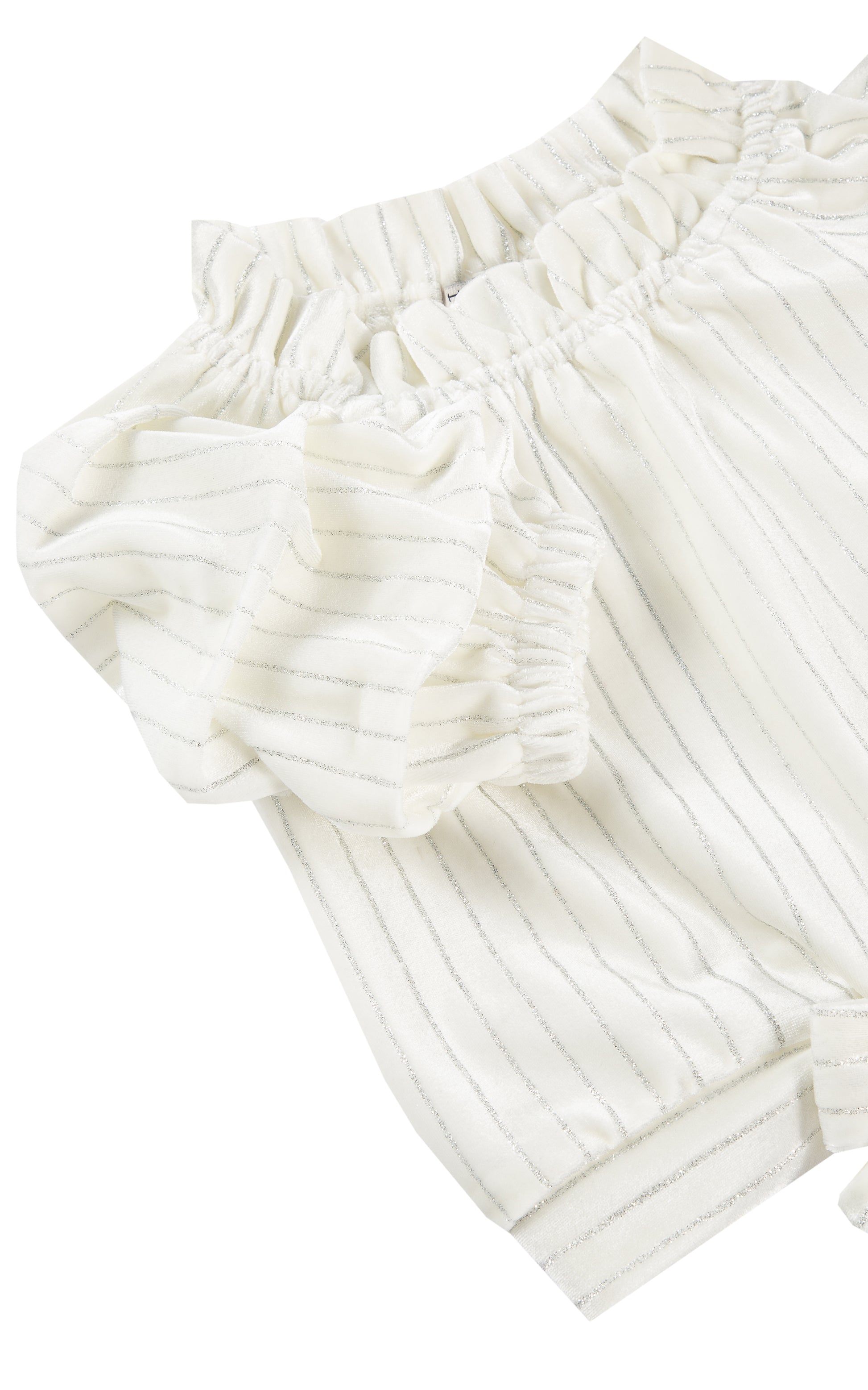 CLOSE UP OF WHITE WITH SILVER SPARKLE STRIPES VELOUR PULLOVER TOP 