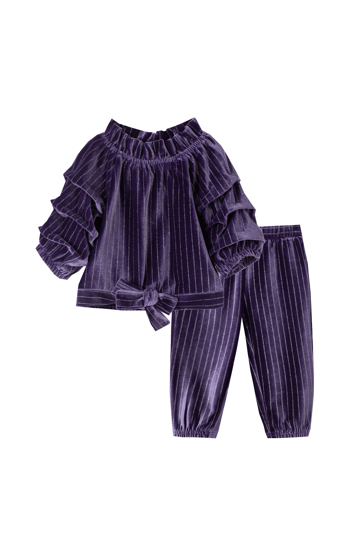 DEEP PURPLE AND SILVER SPARKLE STRIPED VELOUR PULLOVER TOP AND MATCHING JOGGERS