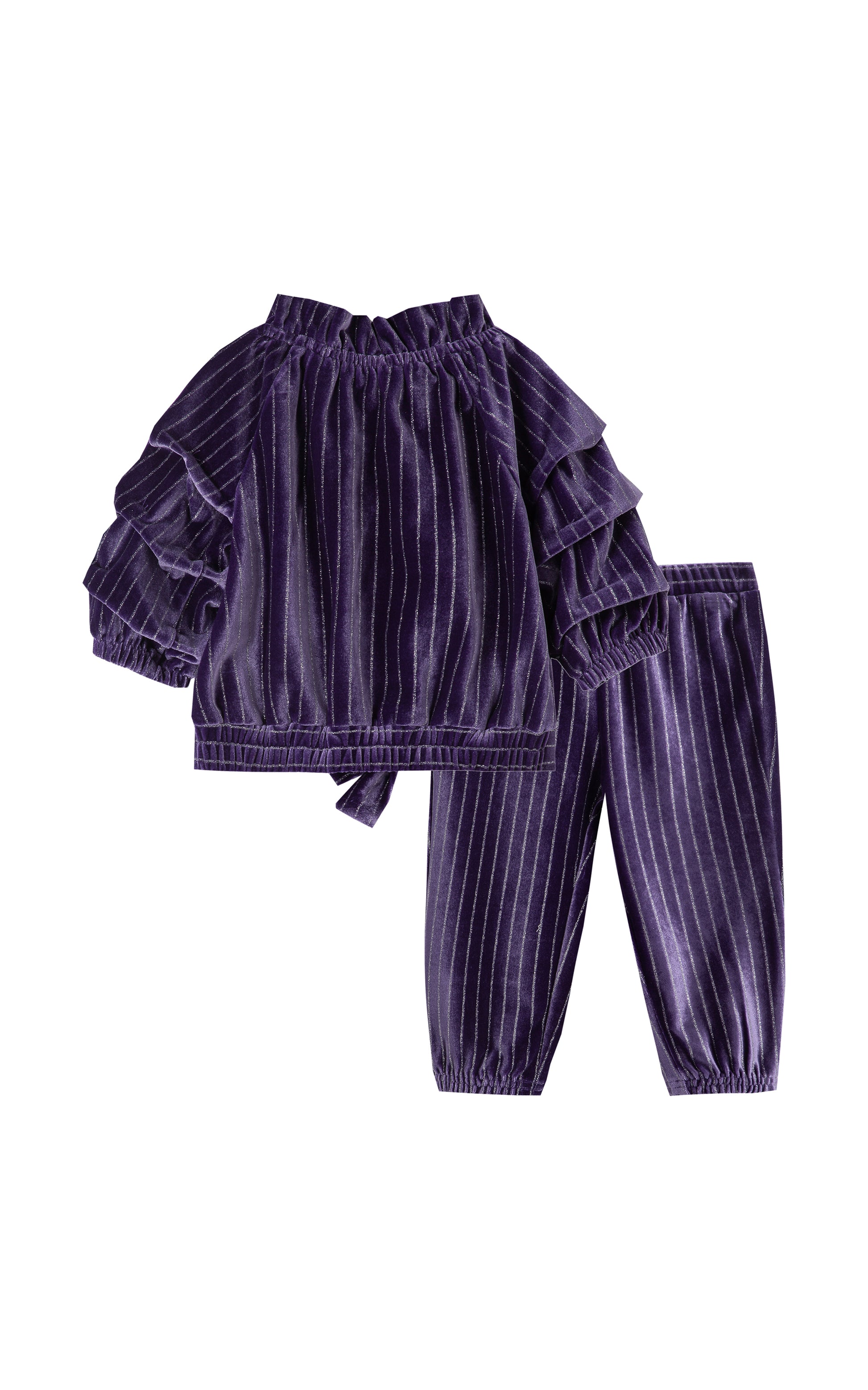 BACK OF DEEP PURPLE AND SILVER SPARKLE STRIPED VELOUR PULLOVER TOP AND MATCHING JOGGERS