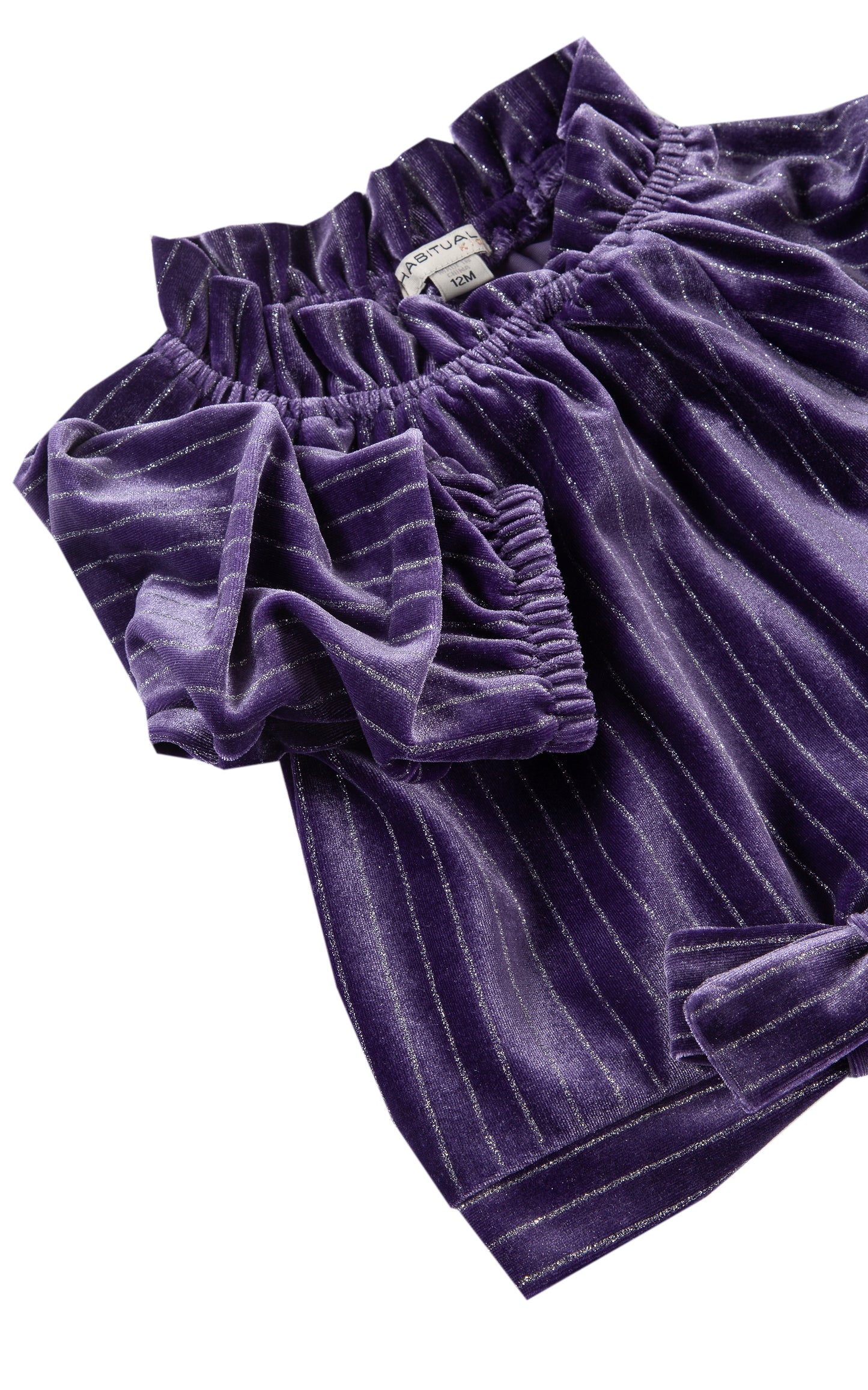 CLOSE UP OF DEEP PURPLE AND SILVER SPARKLE STRIPED VELOUR PULLOVER TOP