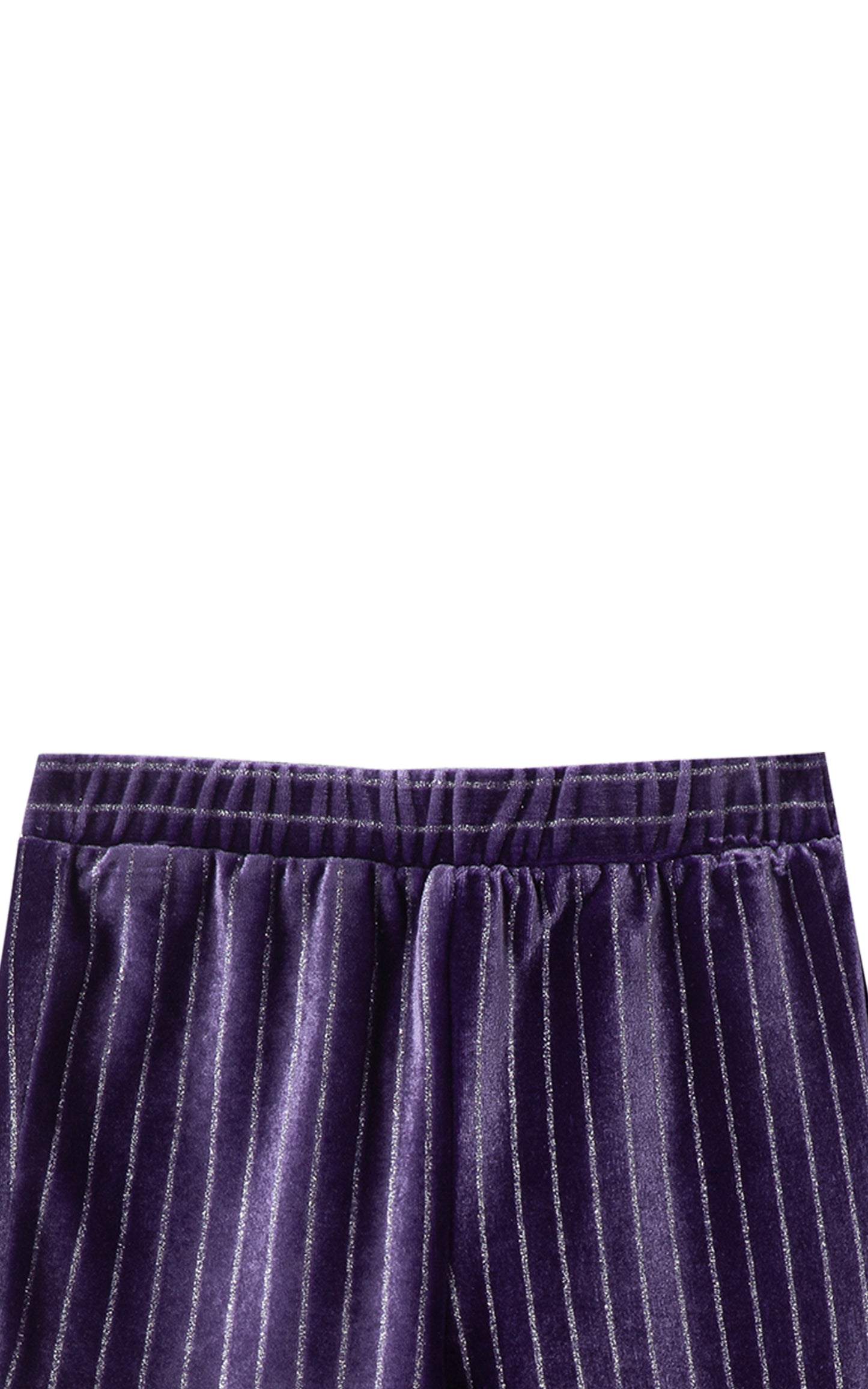 CLOSE UP OF DEEP PURPLE AND SILVER SPARKLE STRIPED VELOUR JOGGERS