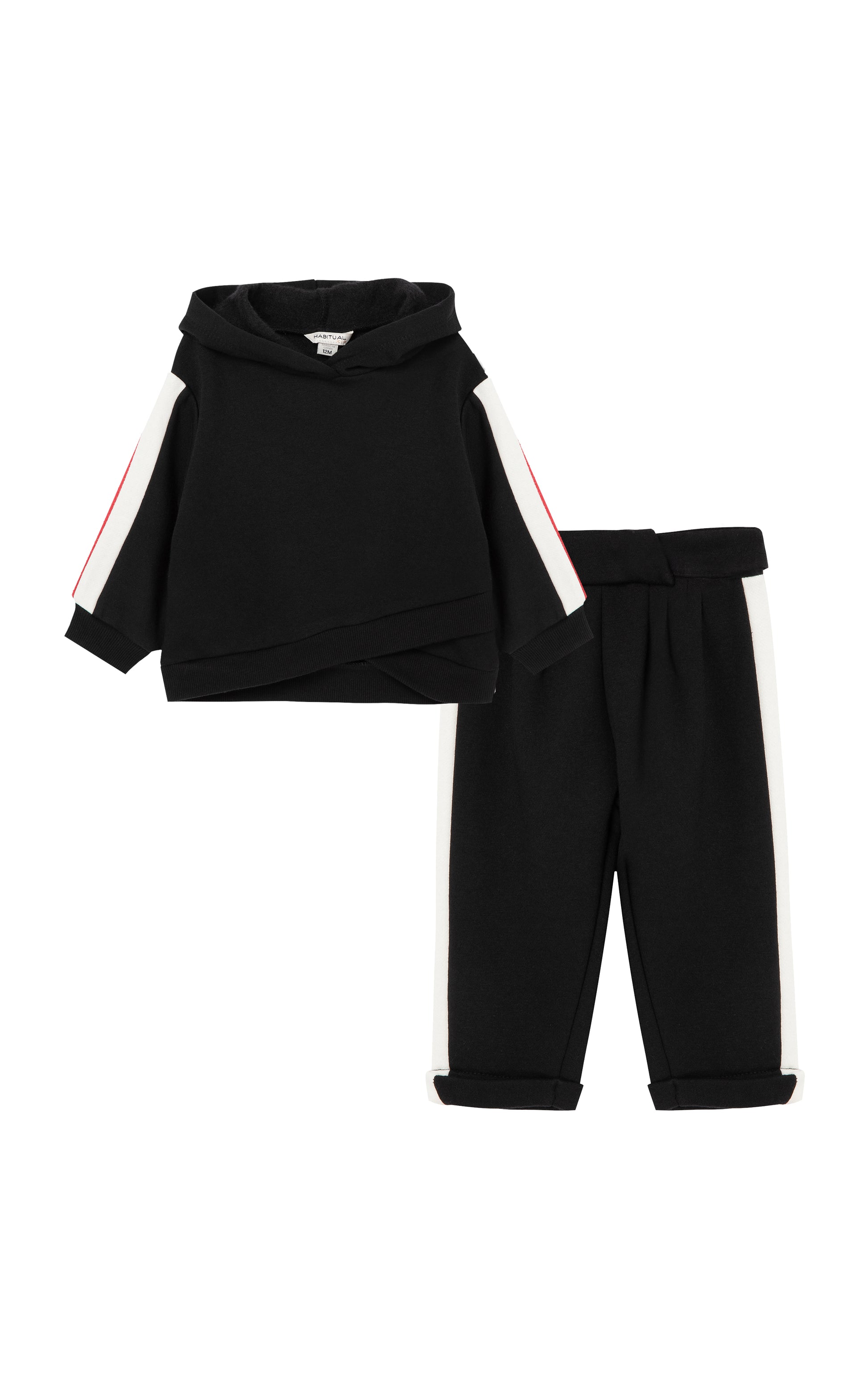 Front view of black hoodie set with side stripe detail 