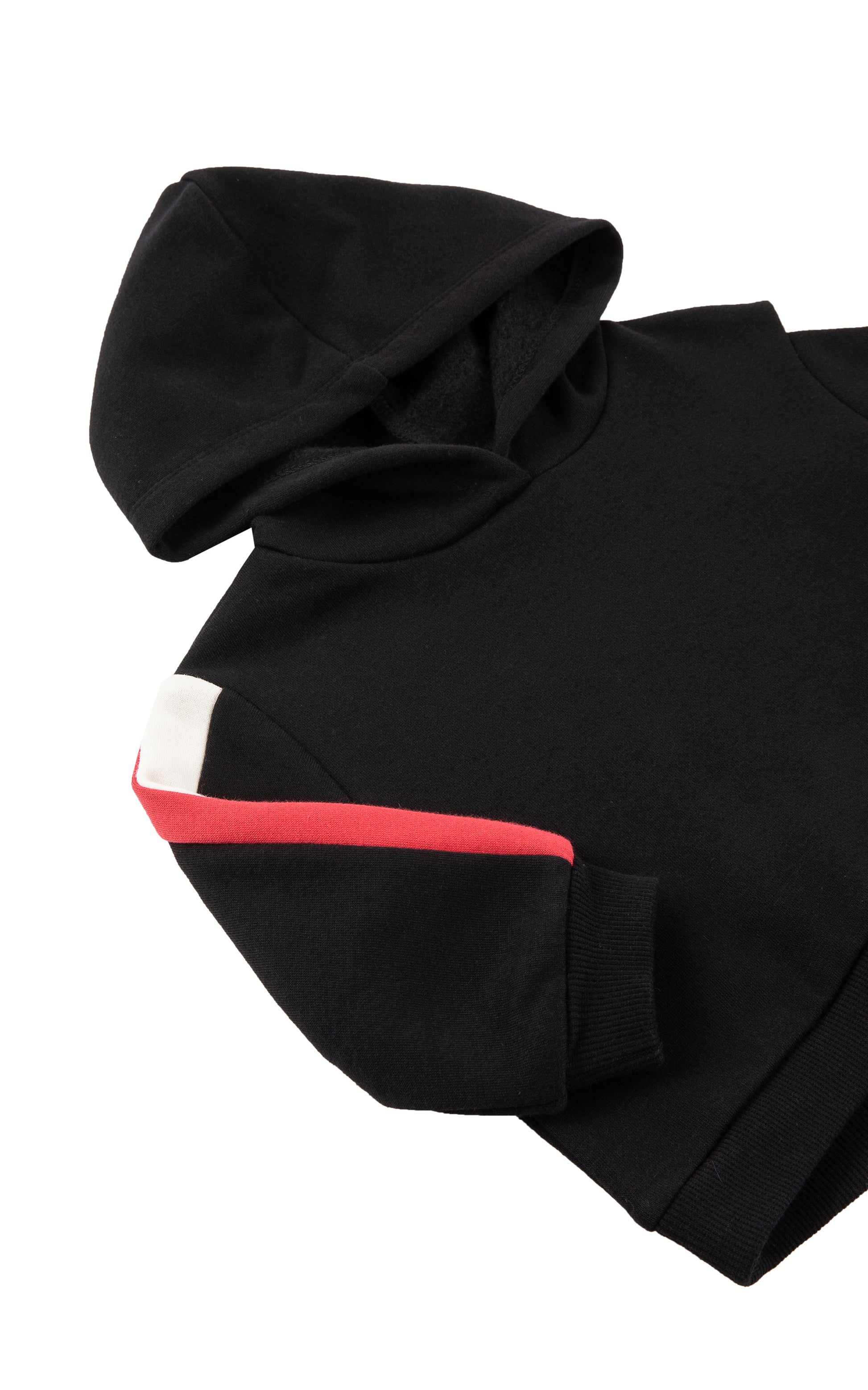 Close up view of black hoodie set with side stripe detail 