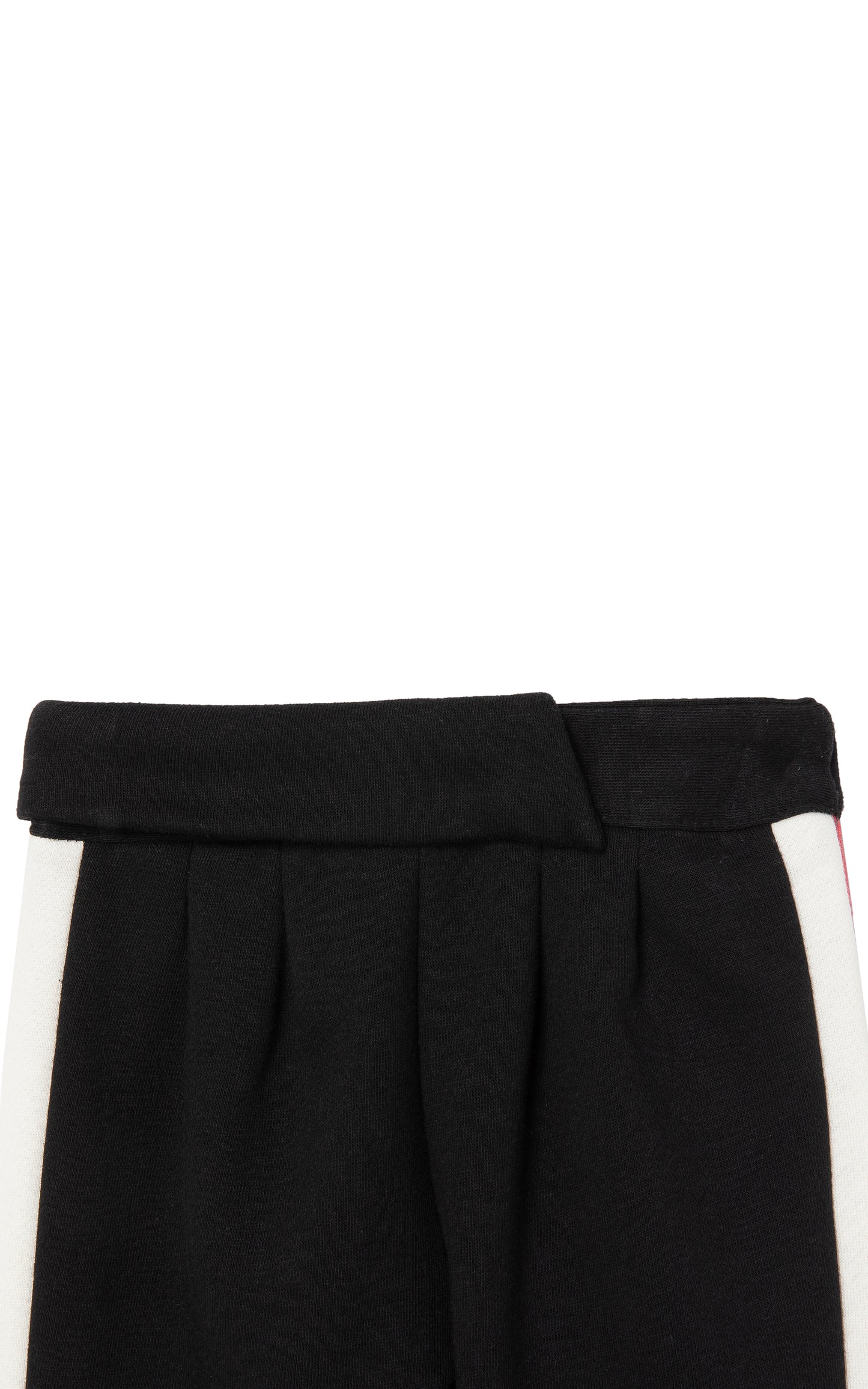 Front view of black hoodie pant with side stripe detail 