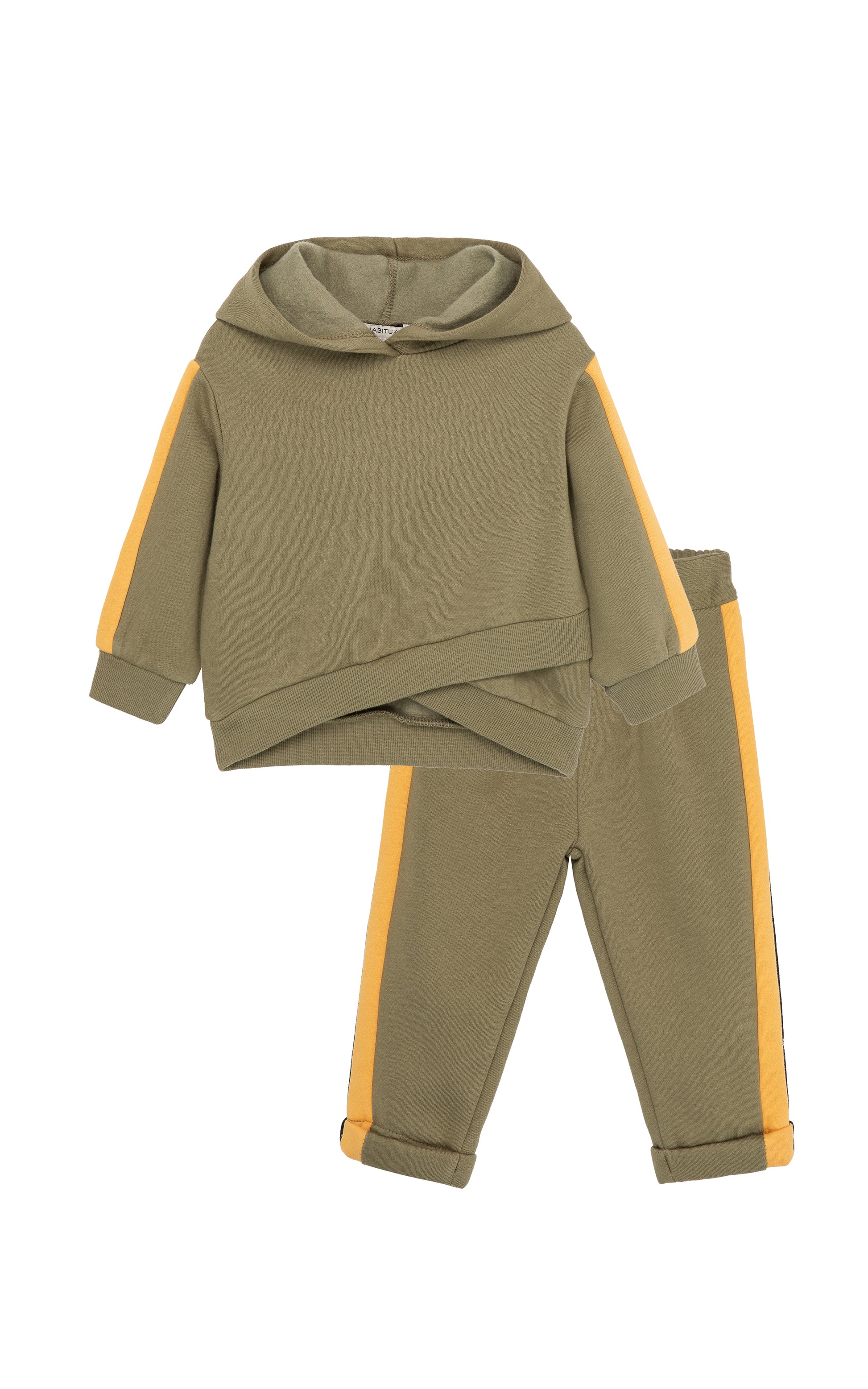 Front view of olive hoodie set with yellow side stripe detail 