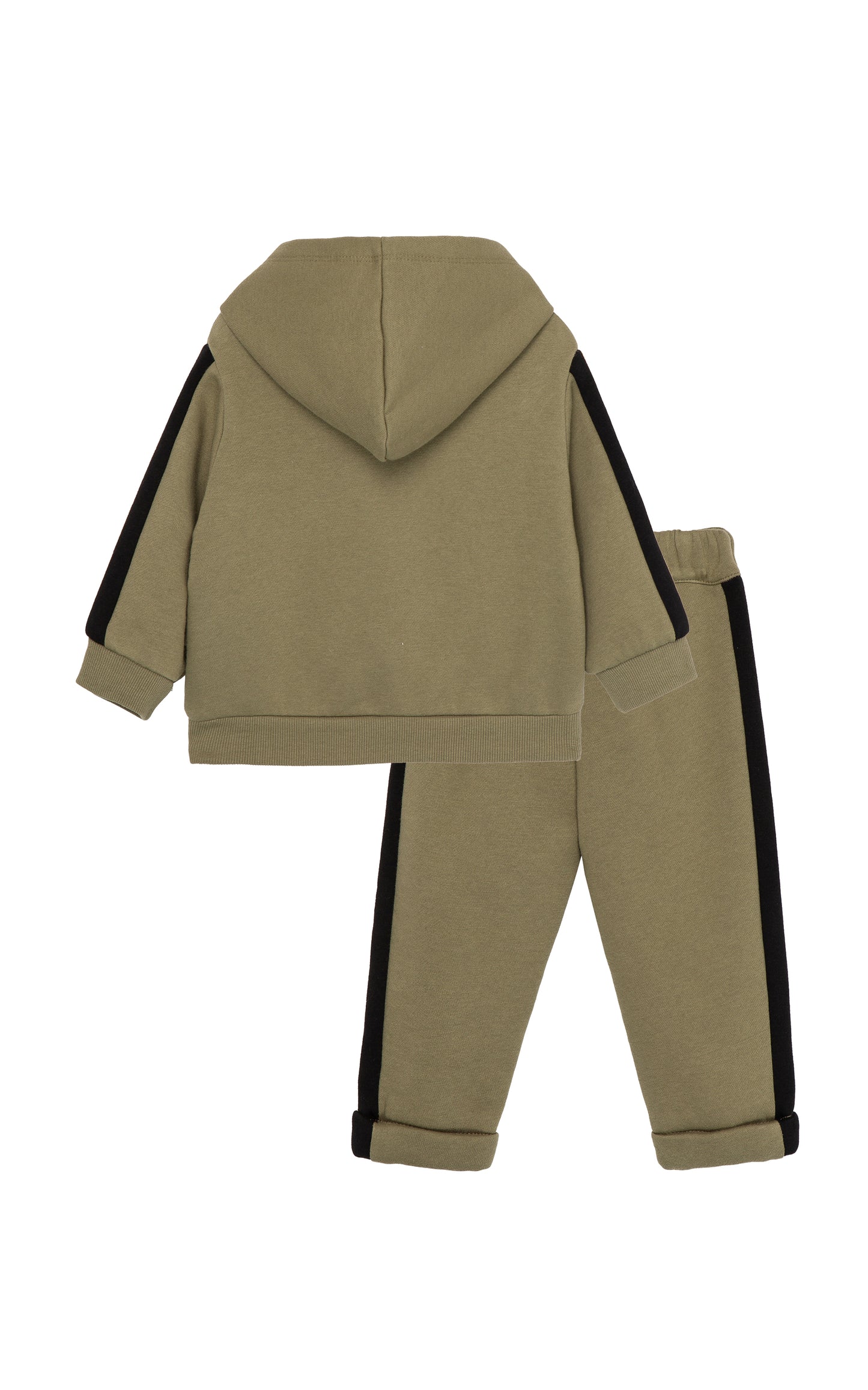 Front view of olive hoodie set with yellow black side stripe detail 