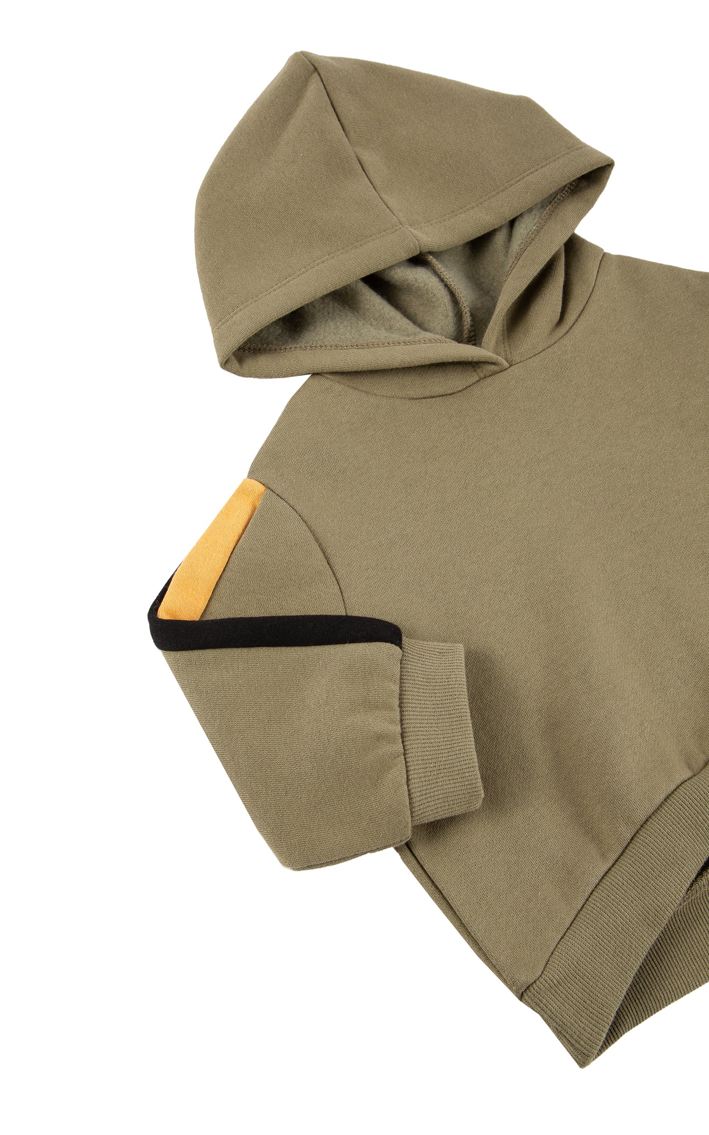 Close up view of olive hoodie set with yellow and black side stripe detail 