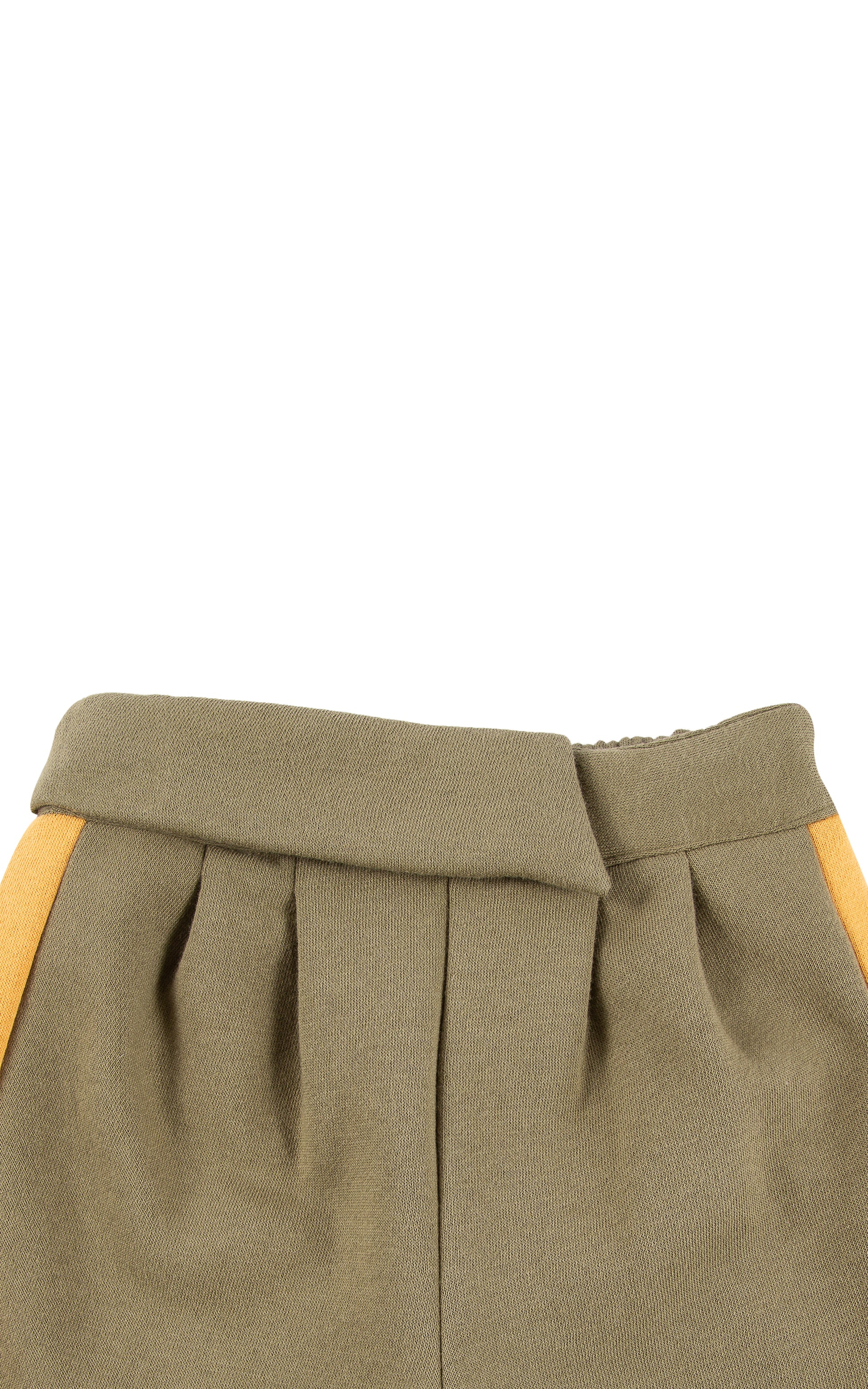 Front view of olive hoodie set pant  with yellow side stripe detail 