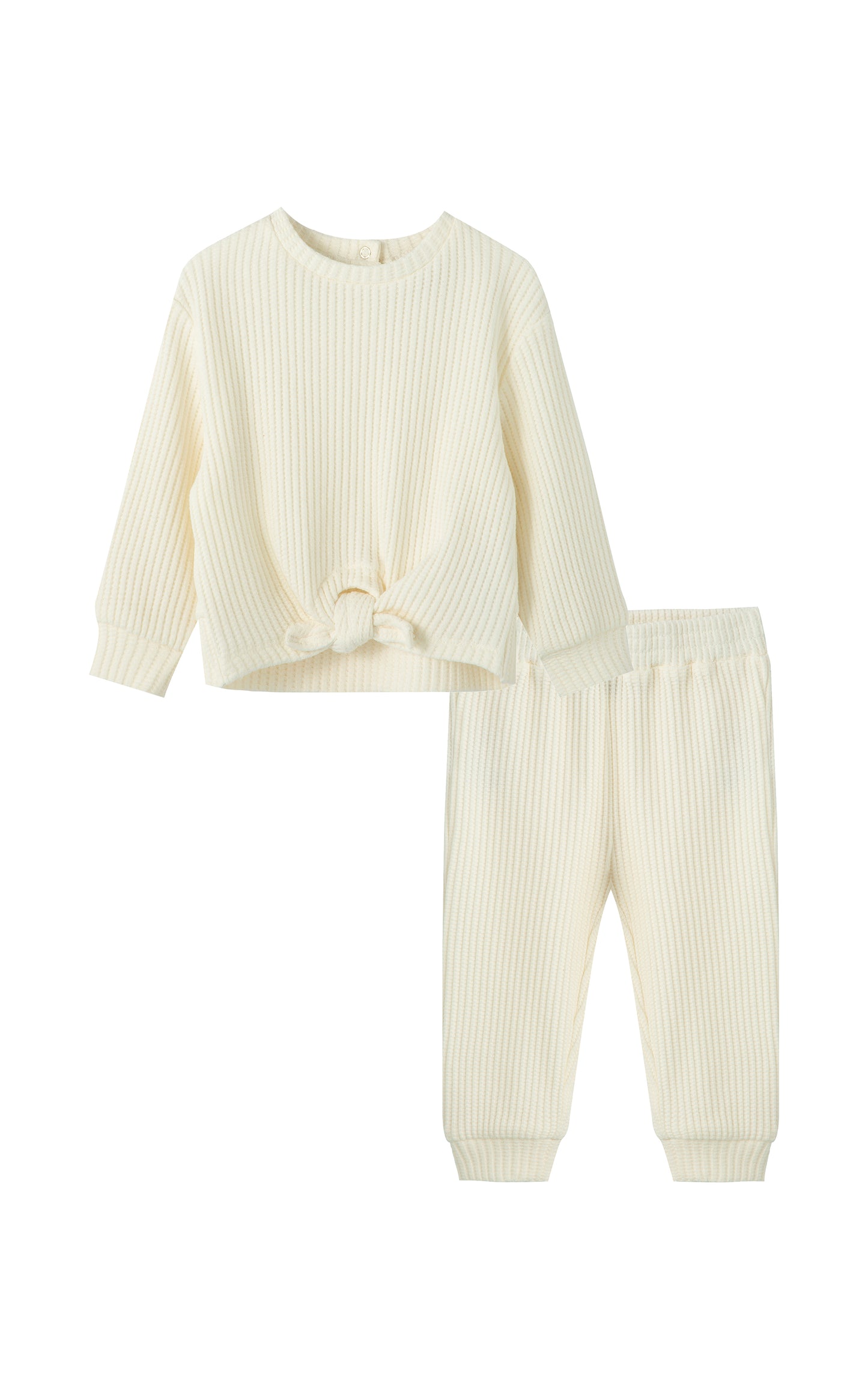 Front view of off-white textured knit pant set with long sleeve