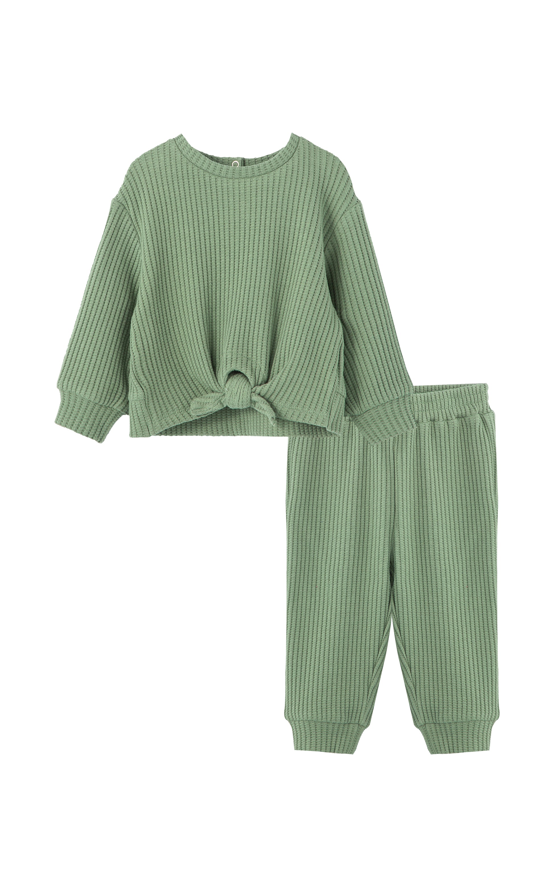 Front view of green textured knit pant set with long sleeve