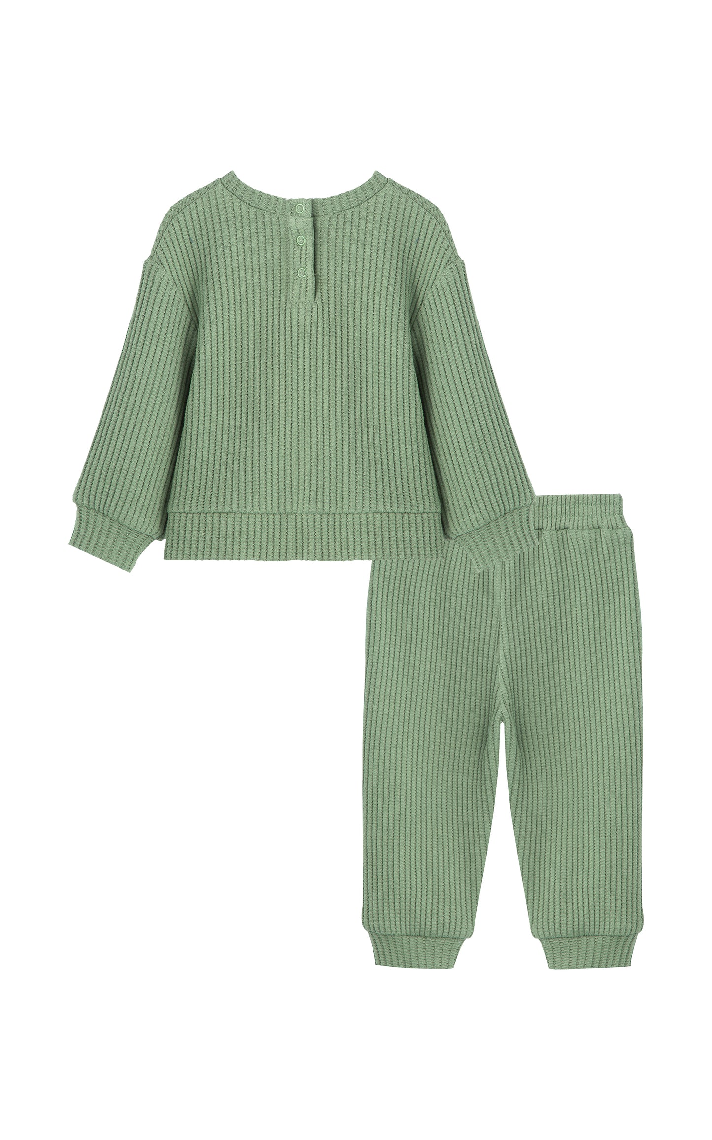 Front view of green textured knit pant set with buttons on the  long sleeve