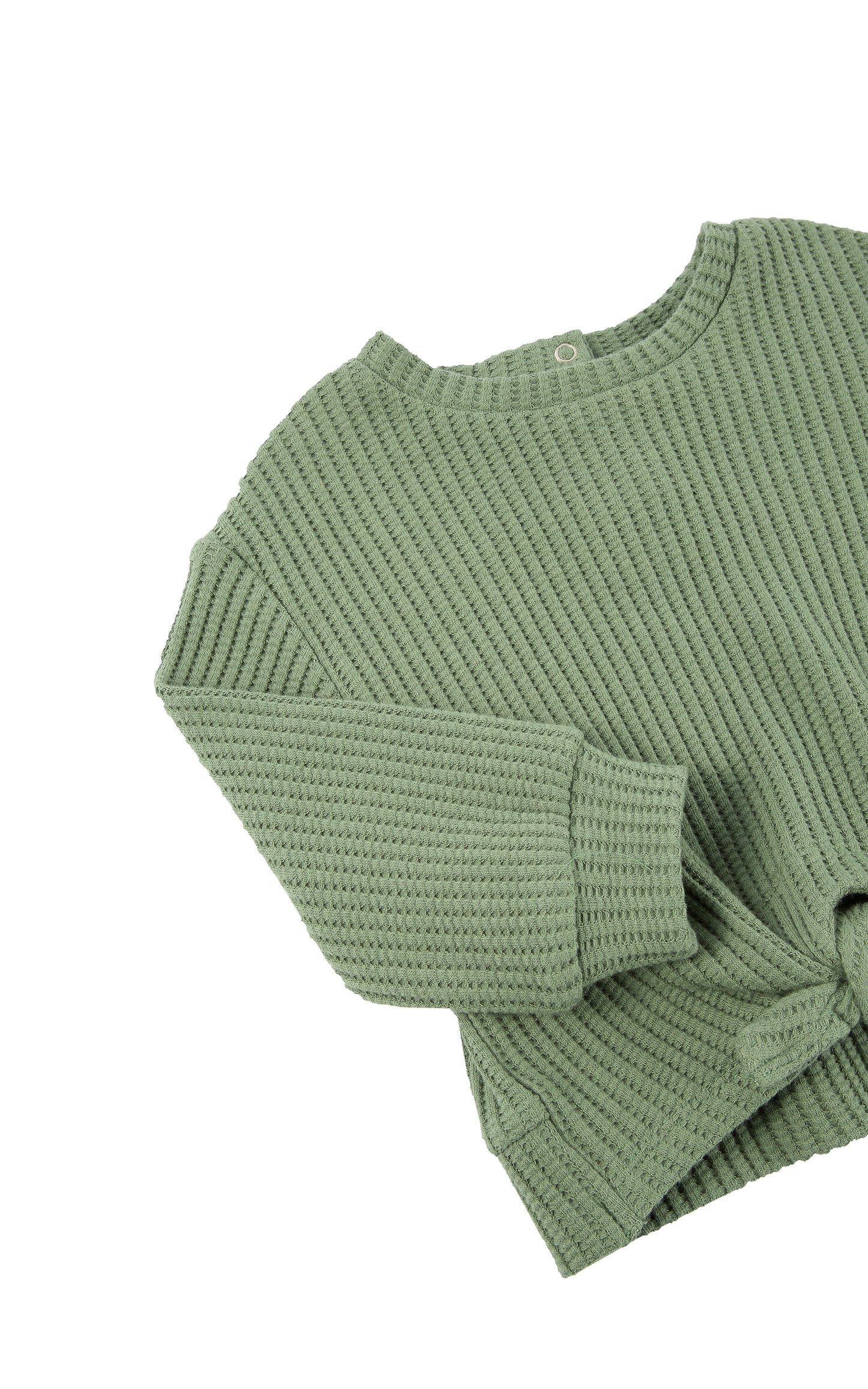 Front view of green textured knit long sleeve