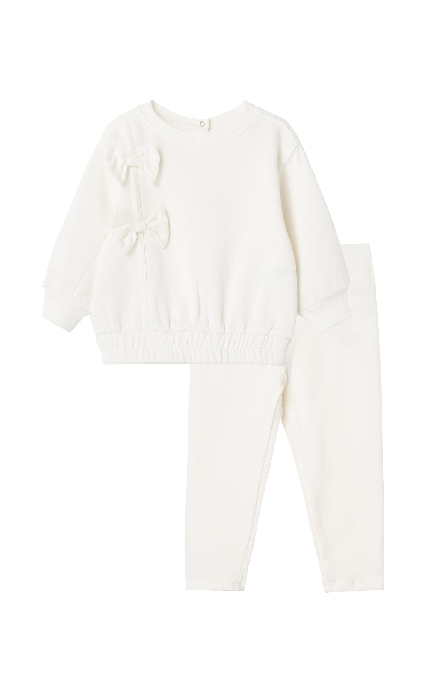 Front view of off-white fleece sweatshirt set with a bow 