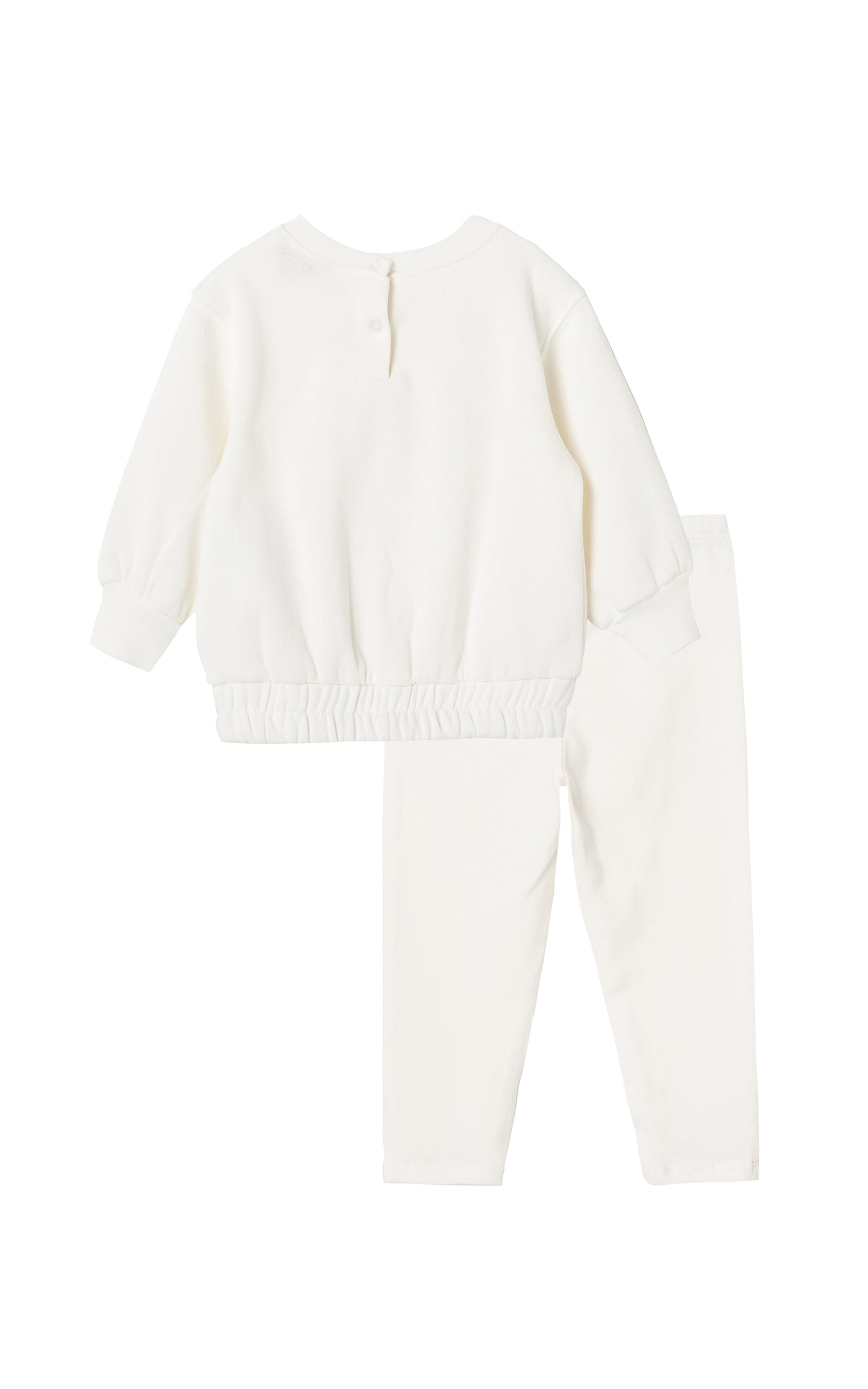 Back view of off-white fleece sweatshirt set with a bow 