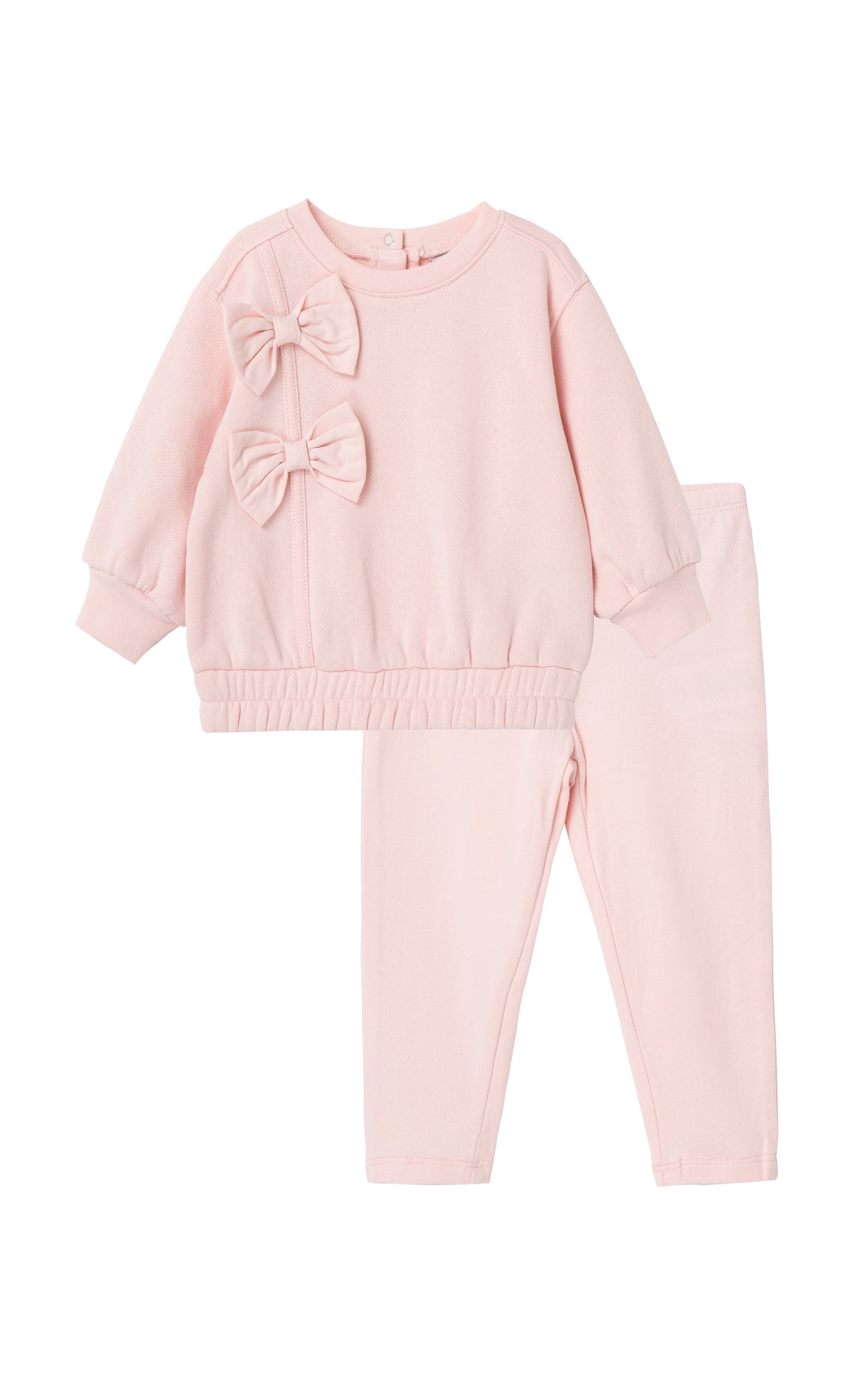 Front view of pink fleece sweatshirt set with a bow 