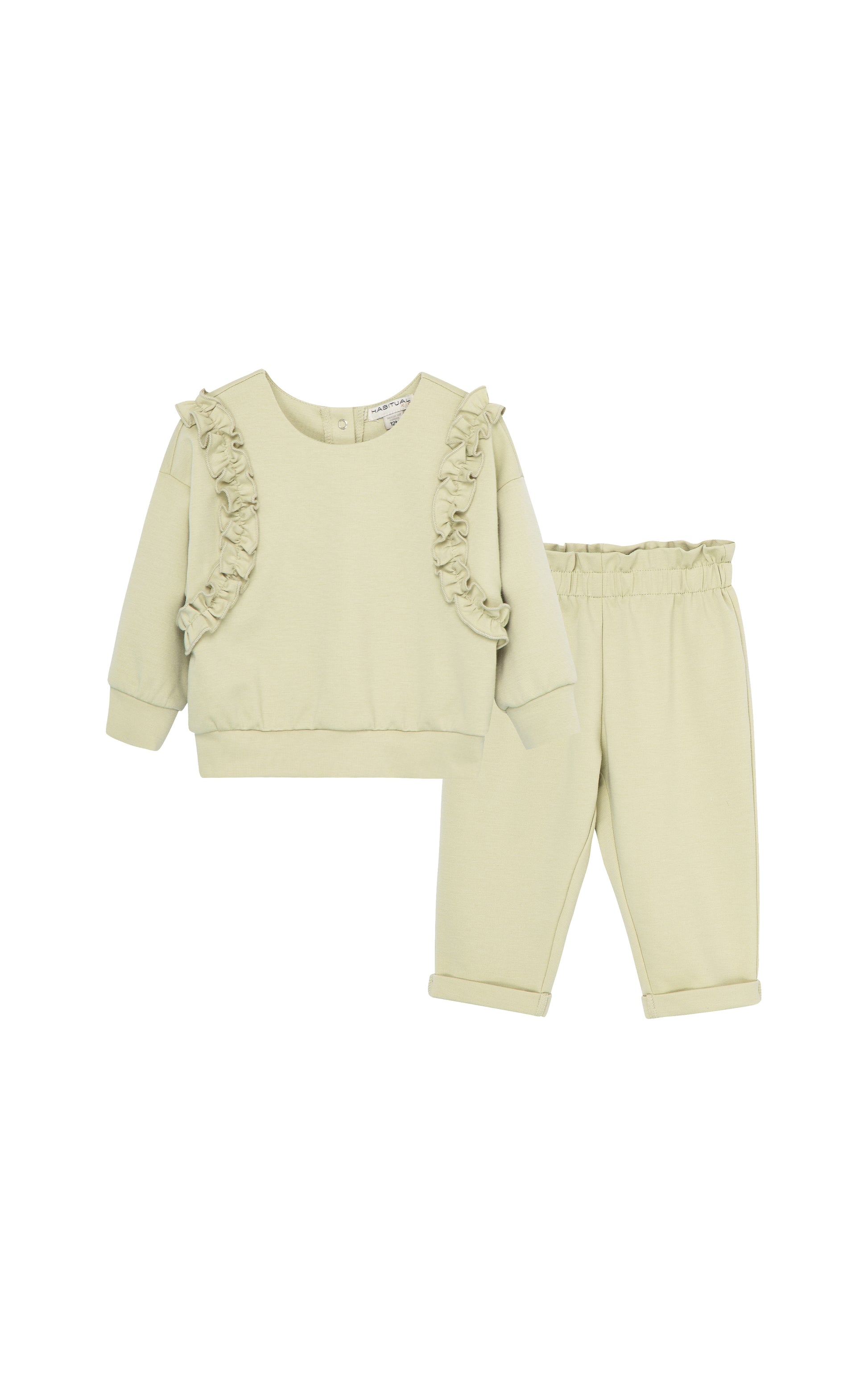 Olive ruched knit set with long sleeve ruffle top and matching pants with elastic band and cuffed ankles