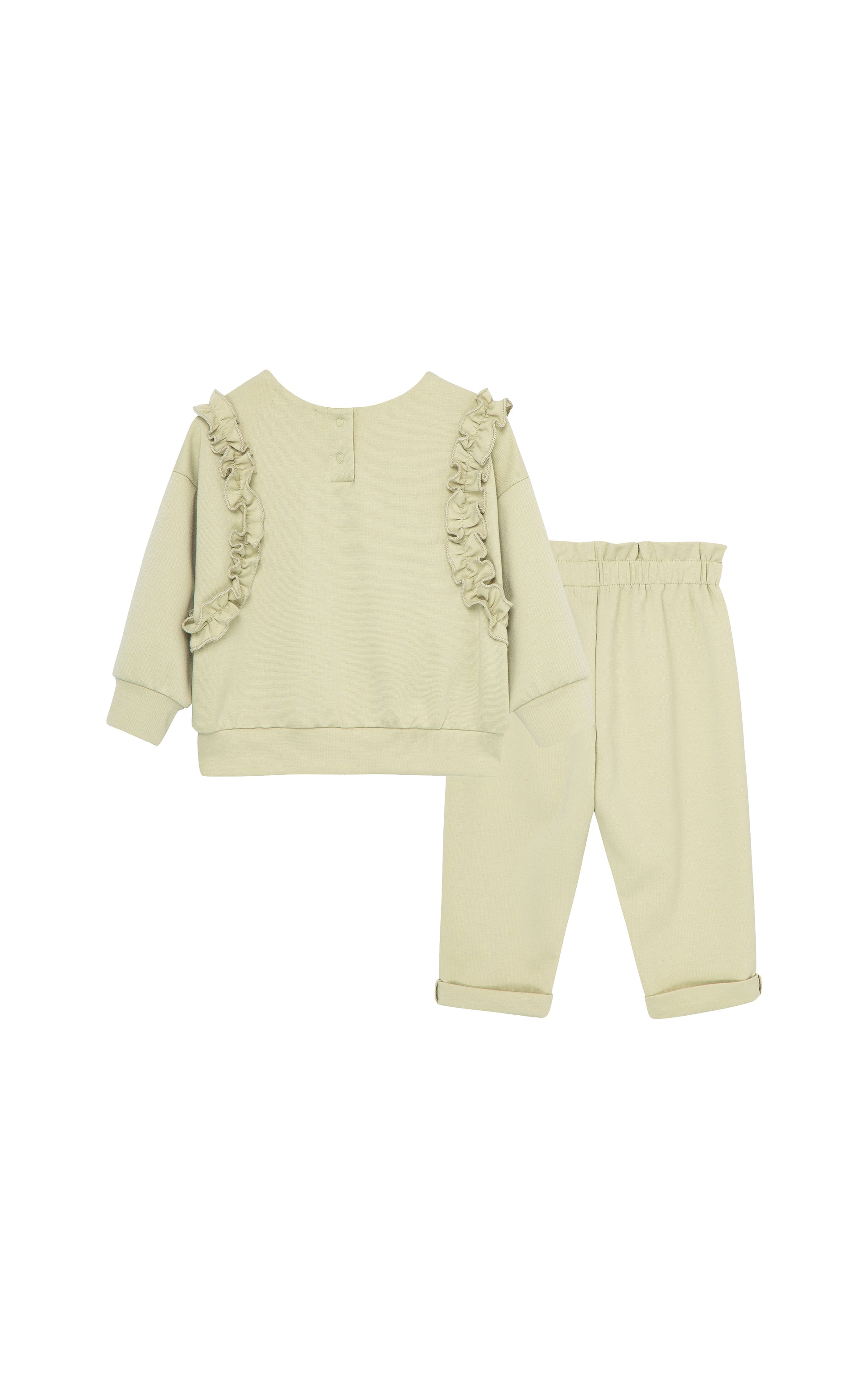 Back view of olive ruched long sleeve ruffle top, two buttons, and matching pants with elastic band and cuffed ankles 