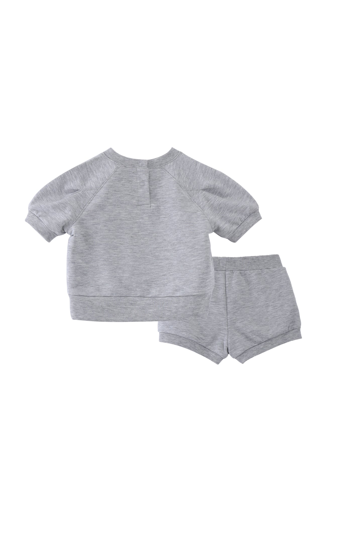 BACK OF LIGHT GREY FRENCH TERRY SWEATSHIRT TOP AND SWEAT SHORTS WITH A BOW