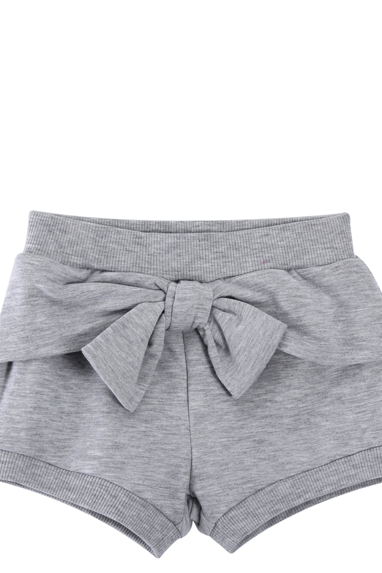 CLOSE UP OF LIGHT GREY FRENCH TERRY SWEAT SHORTS WITH A BOW