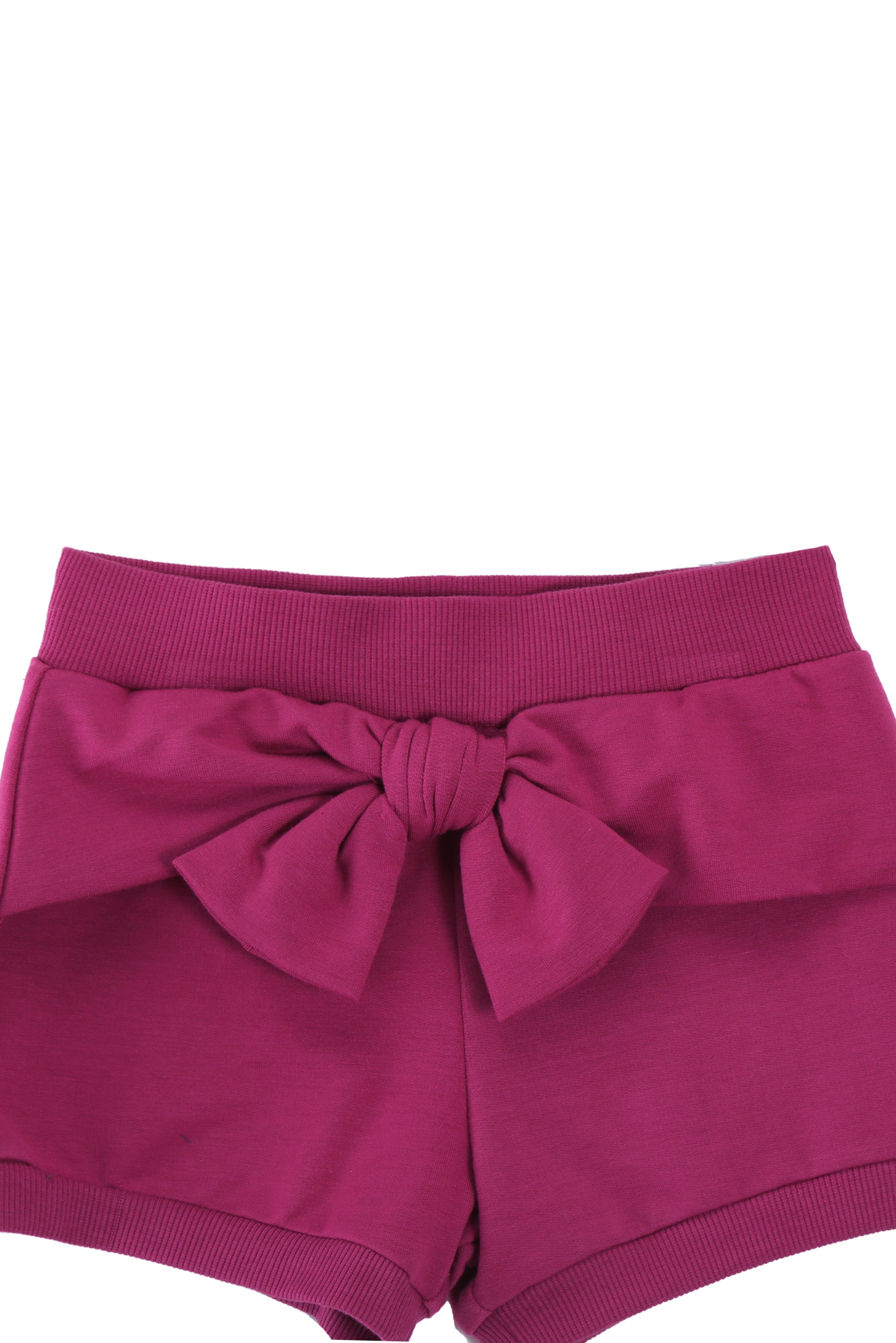 CLOSE UP OF DARK MAGENTA FRENCH TERRY SWEATSHORTS WITH A BOW