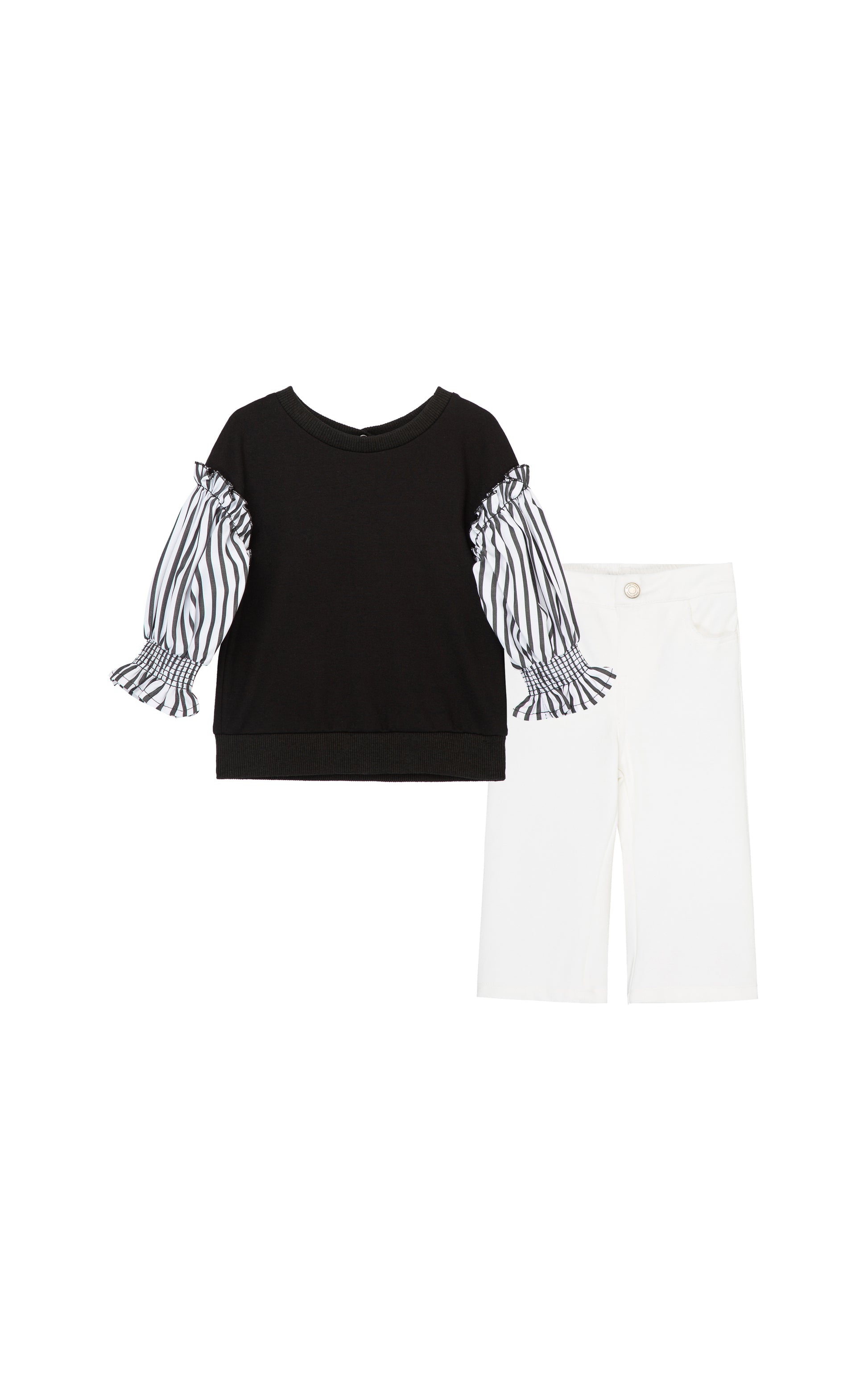 BLACK KNIT TOP WITH WOVEN BLACK-AND-WHITE STRIPED SLEEVES, PAIRED WITH A KNIT PULL-ON PANT THAT LOOKS LIKE A JEAN