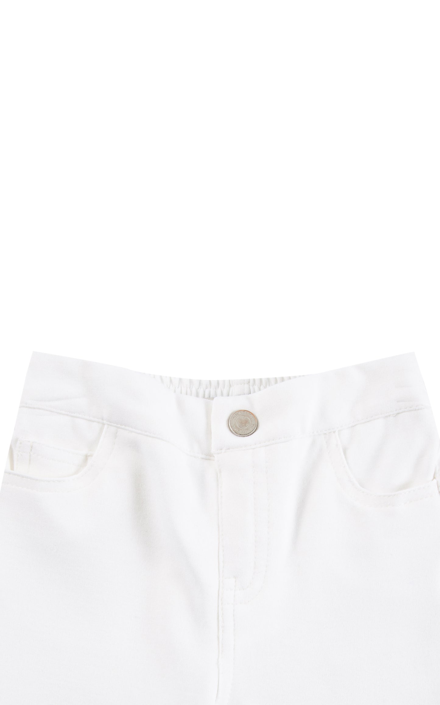 CLOSE UP OF WAISTBAND OF WHITE JEANS