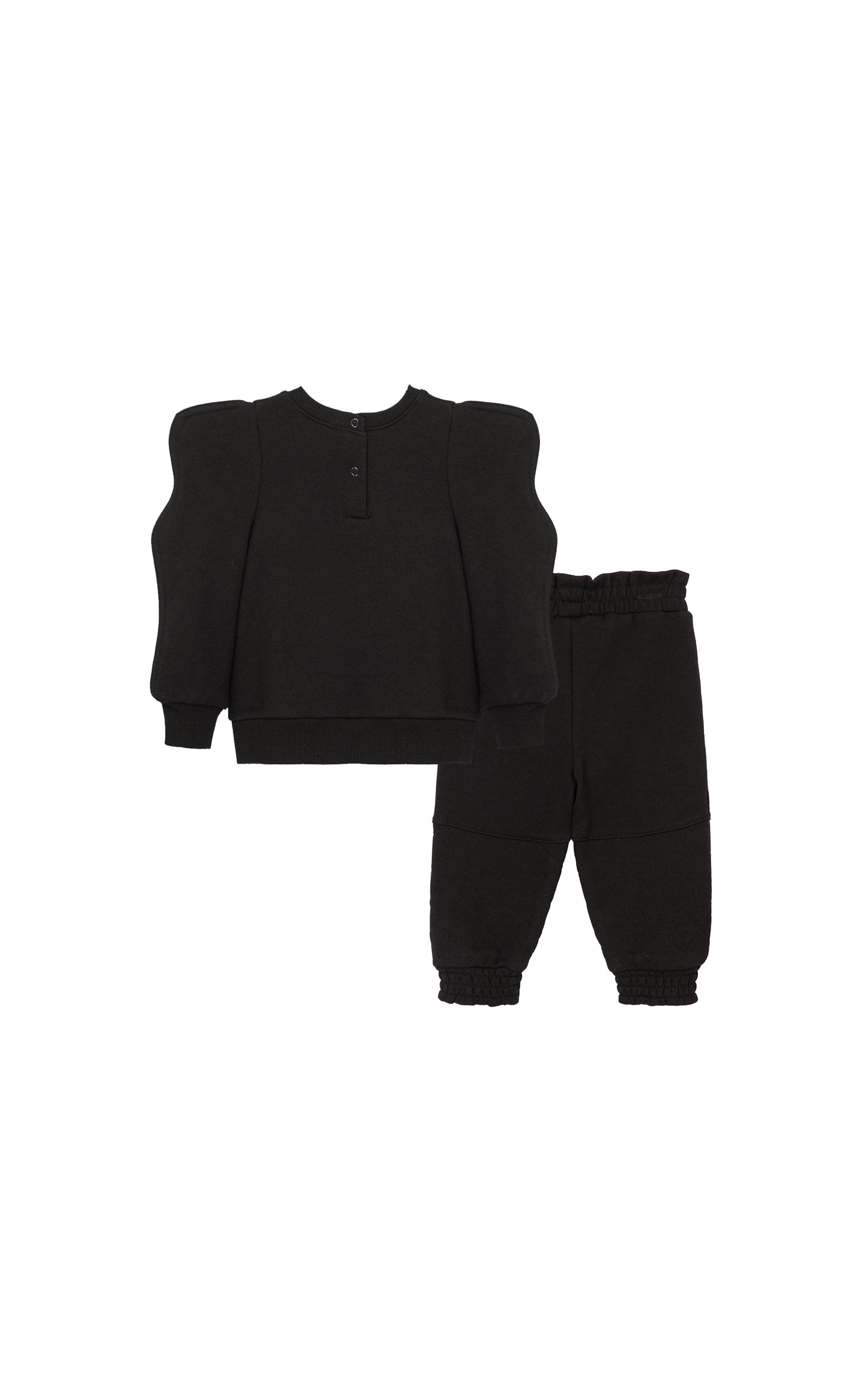 BACK OF BLACK FRENCH TERRY TOP WITH WAVY SLEEVES AND QUILTED KANGAROO POCKET. PAIRED WITH A MATCHING PULL-ON JOGGER.