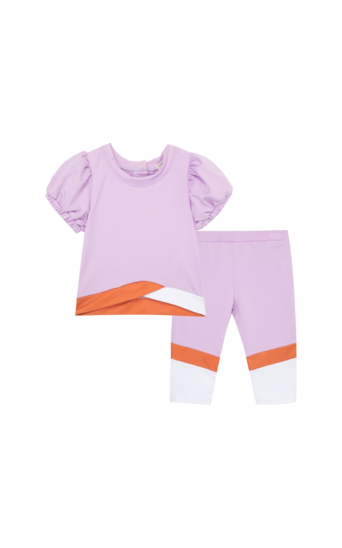 LIGHT PURPLE T-SHIRT WITH ORANGE AND WHITE STRIPES, RUFFLE SLEEVES, AND MATCHING LEGGINGS 
