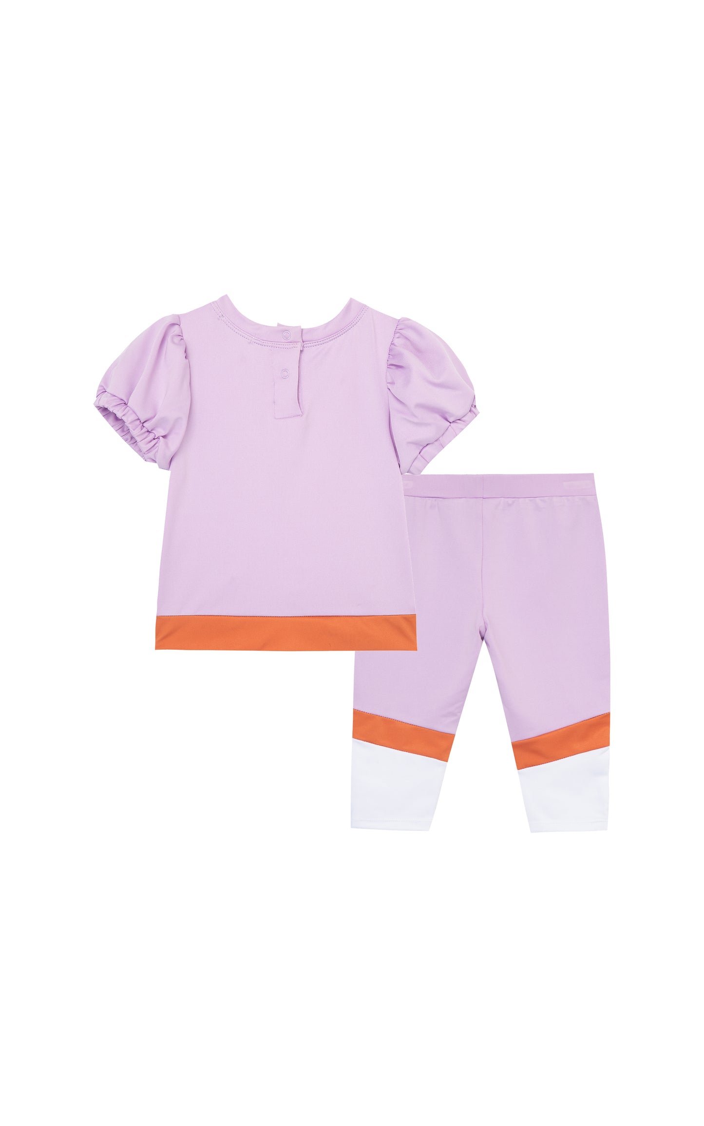 BACK VIEW OF LIGHT PURPLE T-SHIRT WITH ORANGE AND WHITE STRIPES AND MATCHING LEGGINGS