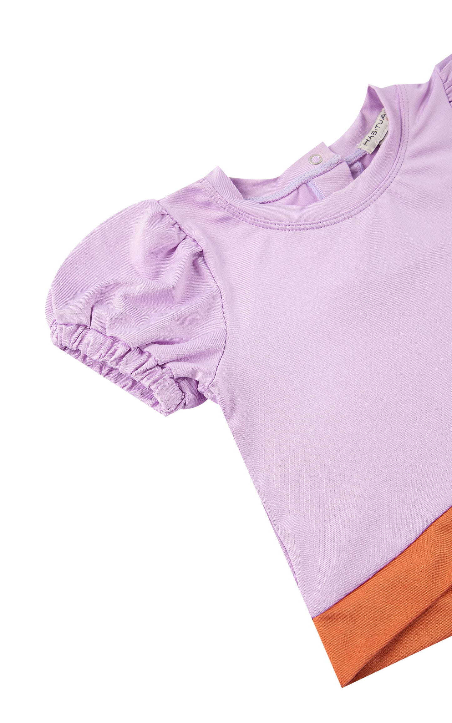 CLOSE UP LIGHT PURPLE  T-SHIRT WITH ORANGE AND WHITE STRIPES AND RUFFLE SLEEVES