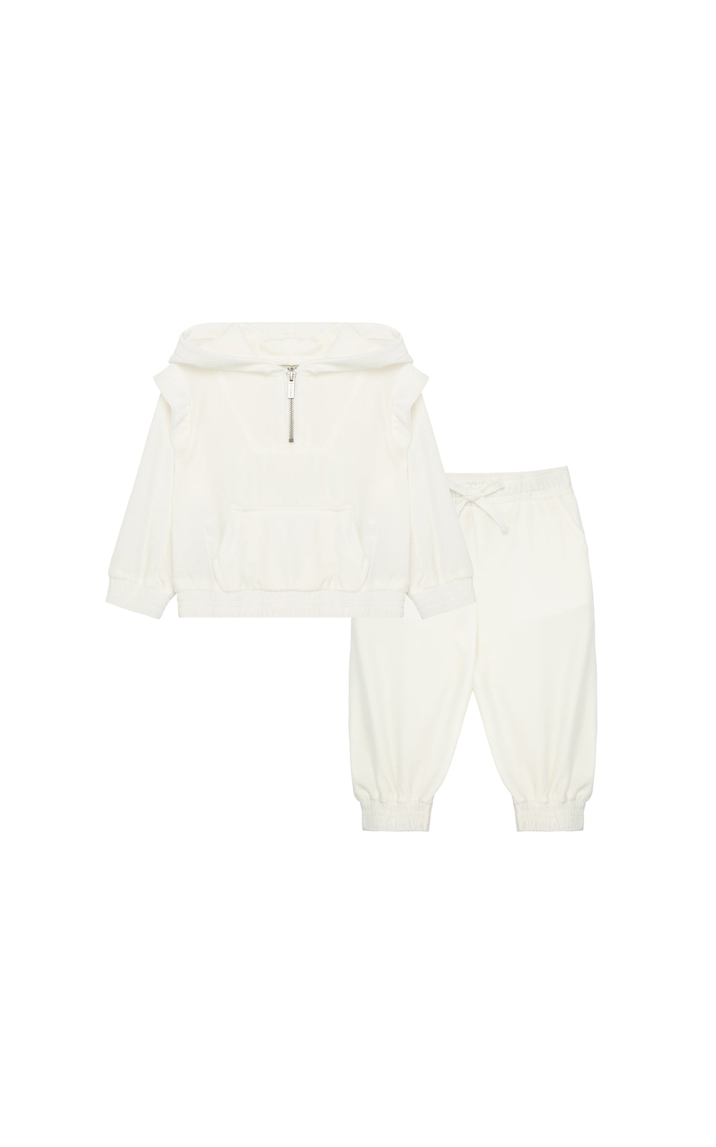 Front view of an off-white velour tracksuit set