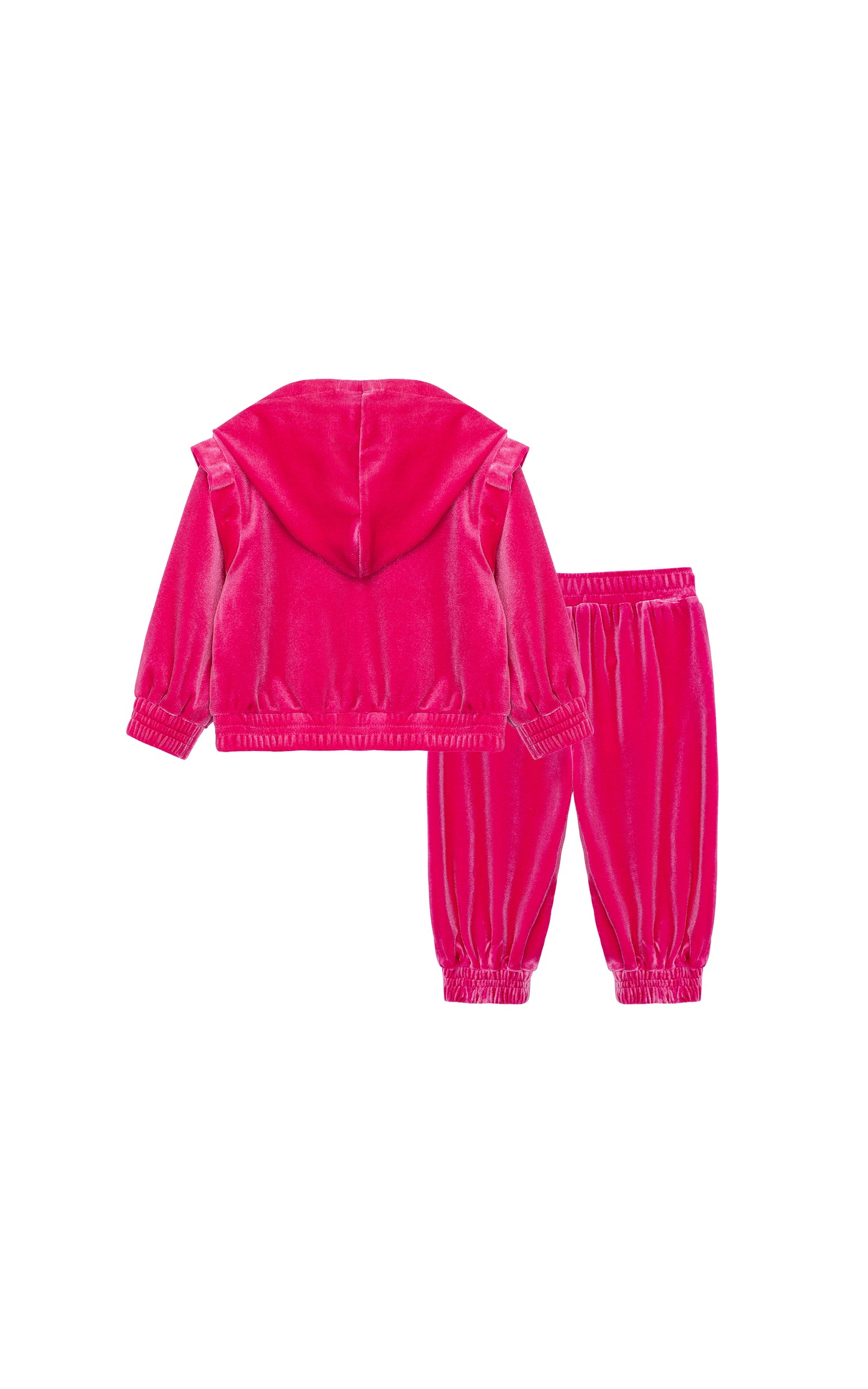 Back view of a hot pink velour tracksuit set
