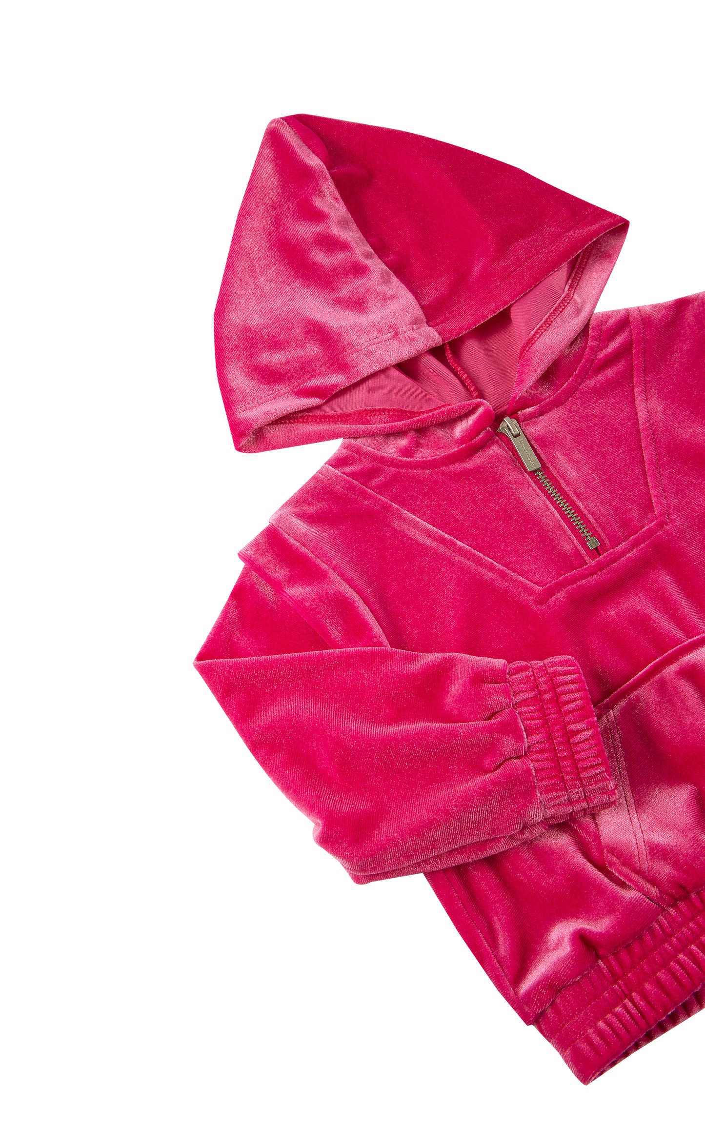 Detail view of a hot pink velour tracksuit hooded sweatshirt