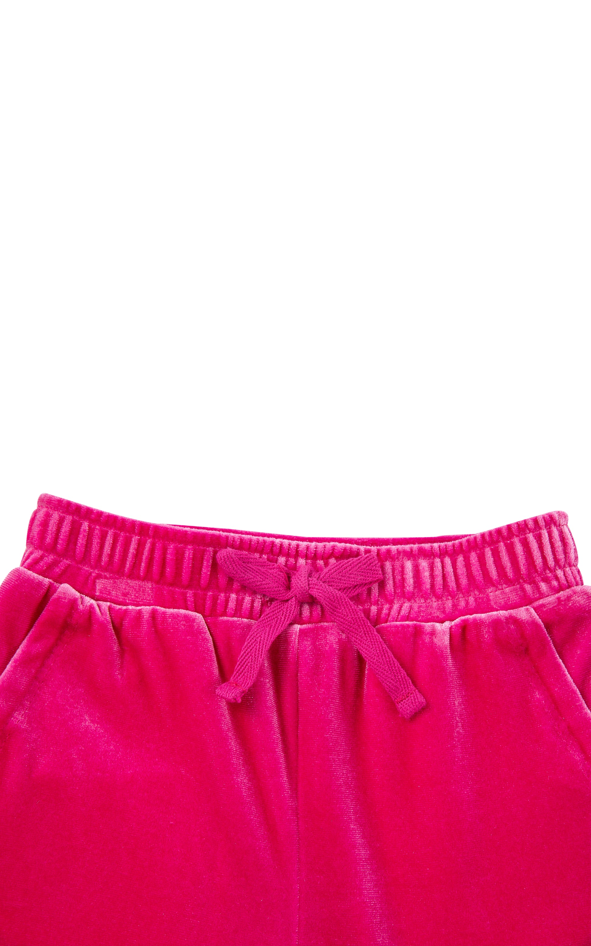 Detail view of a hot pink velour tracksuit jogger
